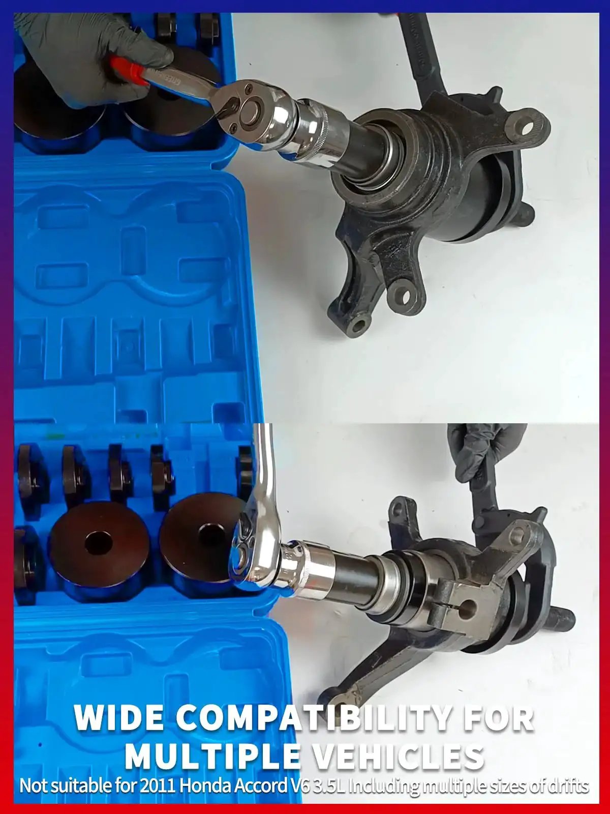 Front Wheel Drive Wheel Bearing Removal And Installation Kit with bearing press and multiple drift sizes shown in use.