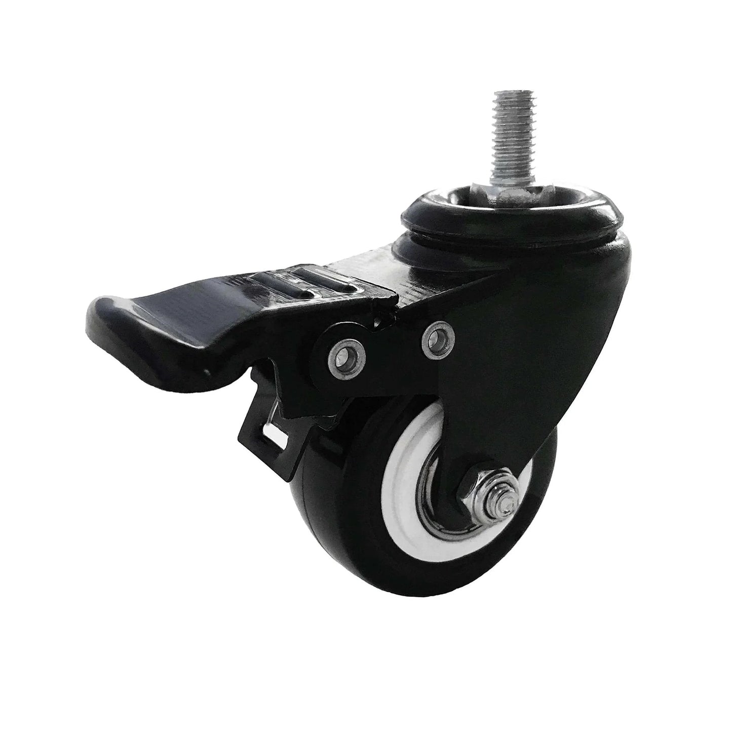 2 Inch M8 Threaded PU Swivel Caster with Brake for Standing Desks, side view, showing 360-degree swivel and locking mechanism.