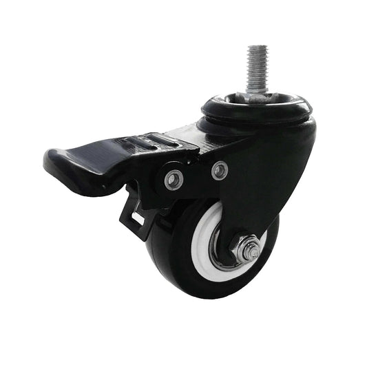 2 Inch M8 Threaded PU Swivel Caster with Brake for Standing Desks, side view, showing 360-degree swivel and locking mechanism.