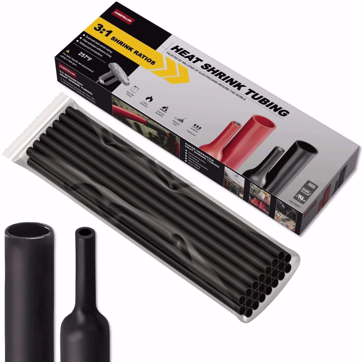 Three To One Ratio Heat Shrink Tubing Black Three Eighths Inch Nine Point Five Millimeter Dual Wall Adhesive Lined Marine Grade Waterproof Oil Proof Wear Resistant Insulation Sealing Twenty Feet ET2095B with packaging