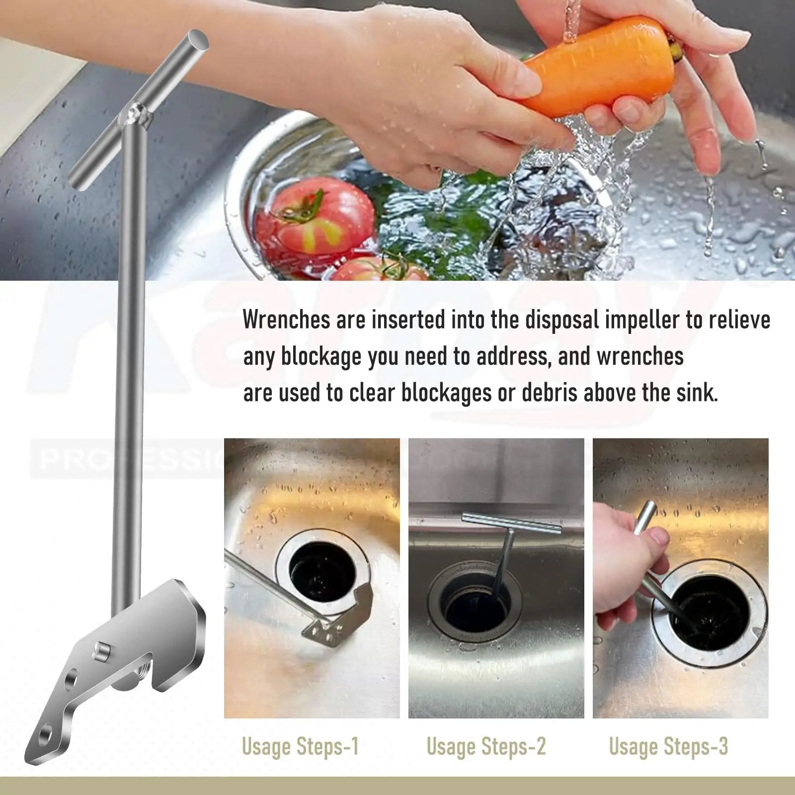 Universal Garbage Disposal Unjamming Wrench WRN00 clearing drain blockages in home kitchen sink with impeller tool usage steps shown
