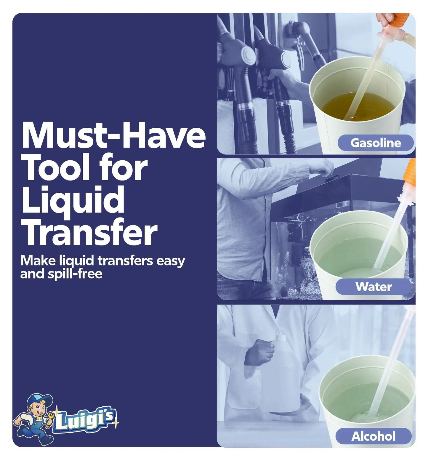 Siphon Pump for Water and Gasoline Transfer Manual Hand Pump for Lawn Mowers shown transferring gasoline, water, and alcohol.