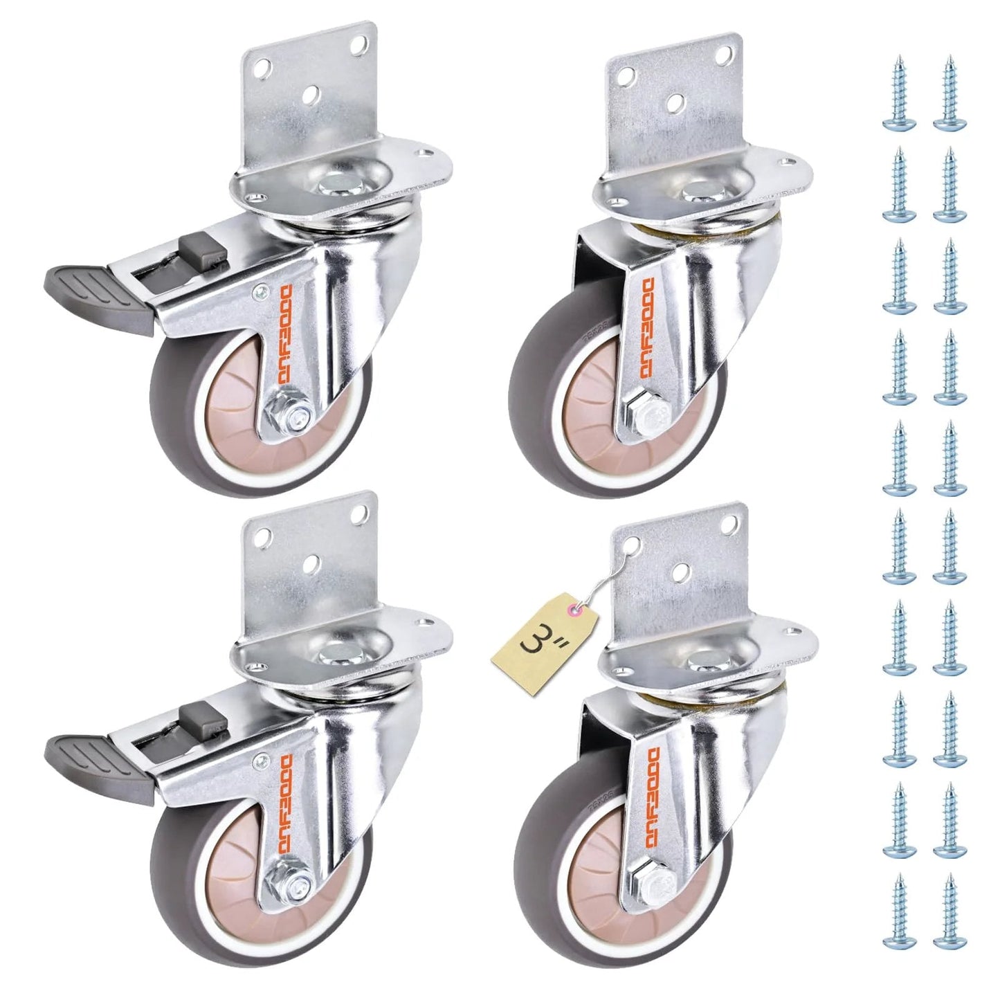 3 Inch Heavy Duty L Shape Side Mount Caster Wheels With Brake 4 Pack Ball Bearing Swivel Furniture Casters For Furniture Cabinet Table Baby Bed Quiet Rubber Wheels 660 Lbs Total Load Capacity