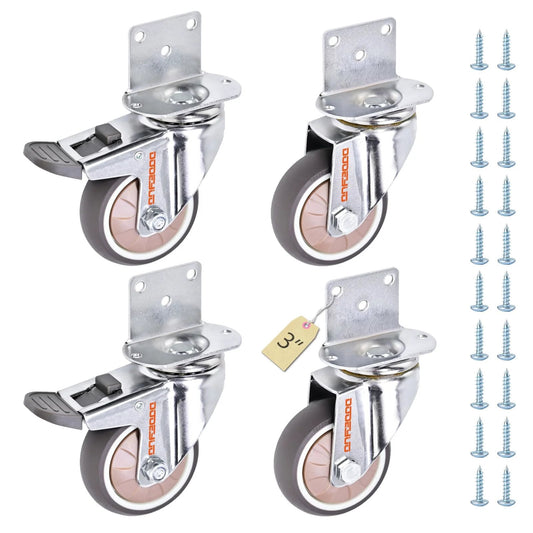 3 Inch Heavy Duty L Shape Side Mount Caster Wheels With Brake 4 Pack Ball Bearing Swivel Furniture Casters For Furniture Cabinet Table Baby Bed Quiet Rubber Wheels 660 Lbs Total Load Capacity