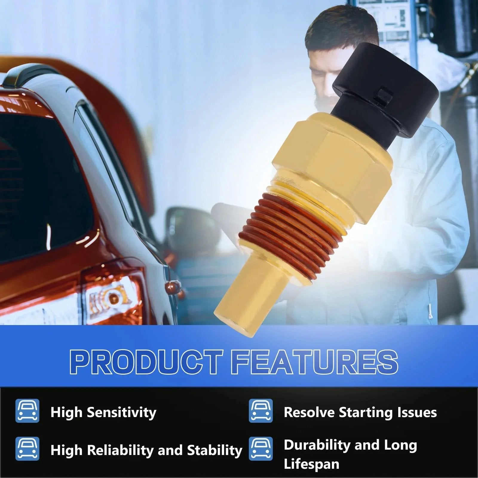 Coolant Temperature Sensor Replacement For Buick Allure Chevrolet Silverado GMC Pontiac 1986 To 2007 With 3.8L 4.3L And 4.6L Engines Direct Fit OEM Replacement 213 928 15326386 213928, showing sensor beside a vehicle.