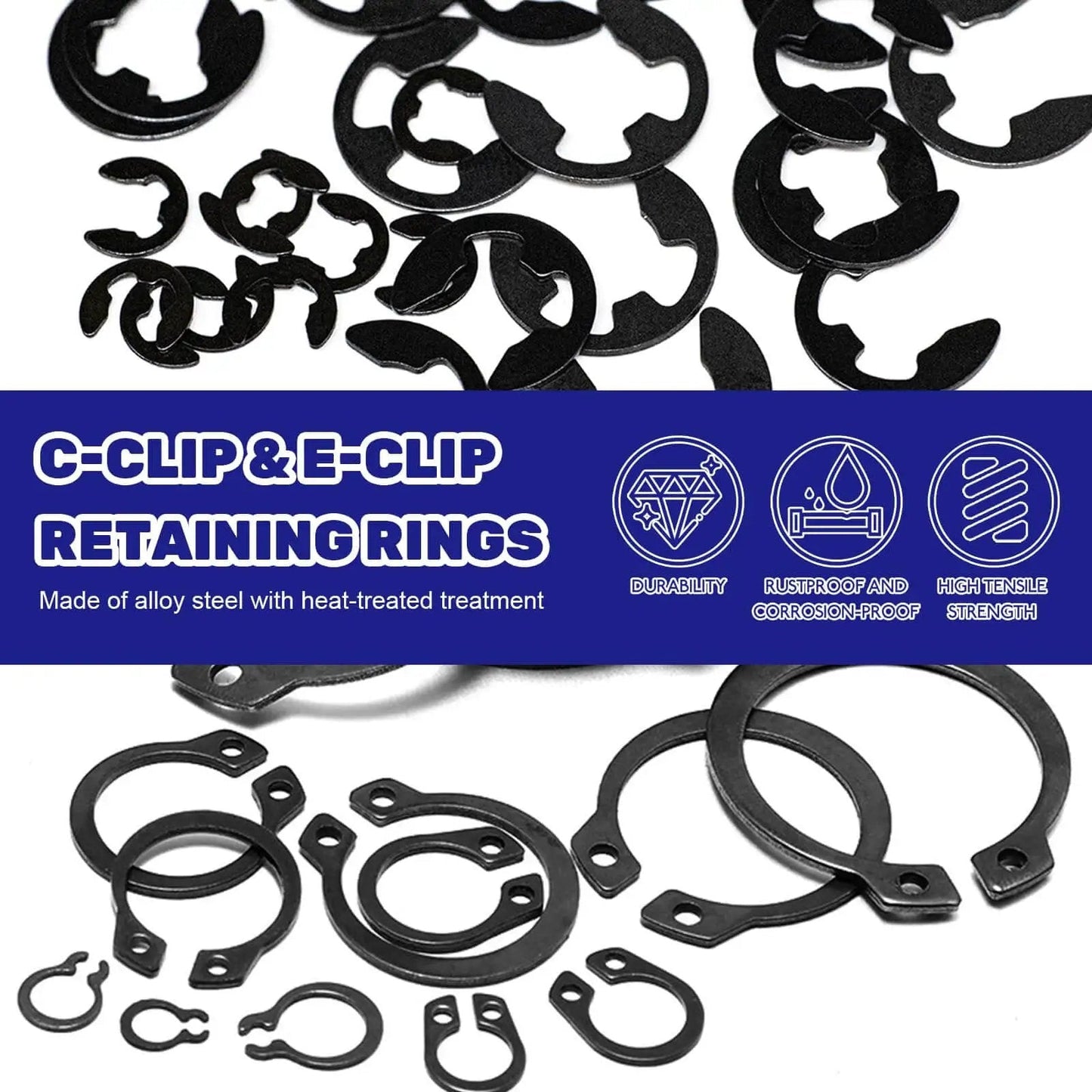 870 Pieces Alloy Steel External C Clip And E Clip Retaining Ring Kit Heavy Duty showing various black steel clips with text overlay.