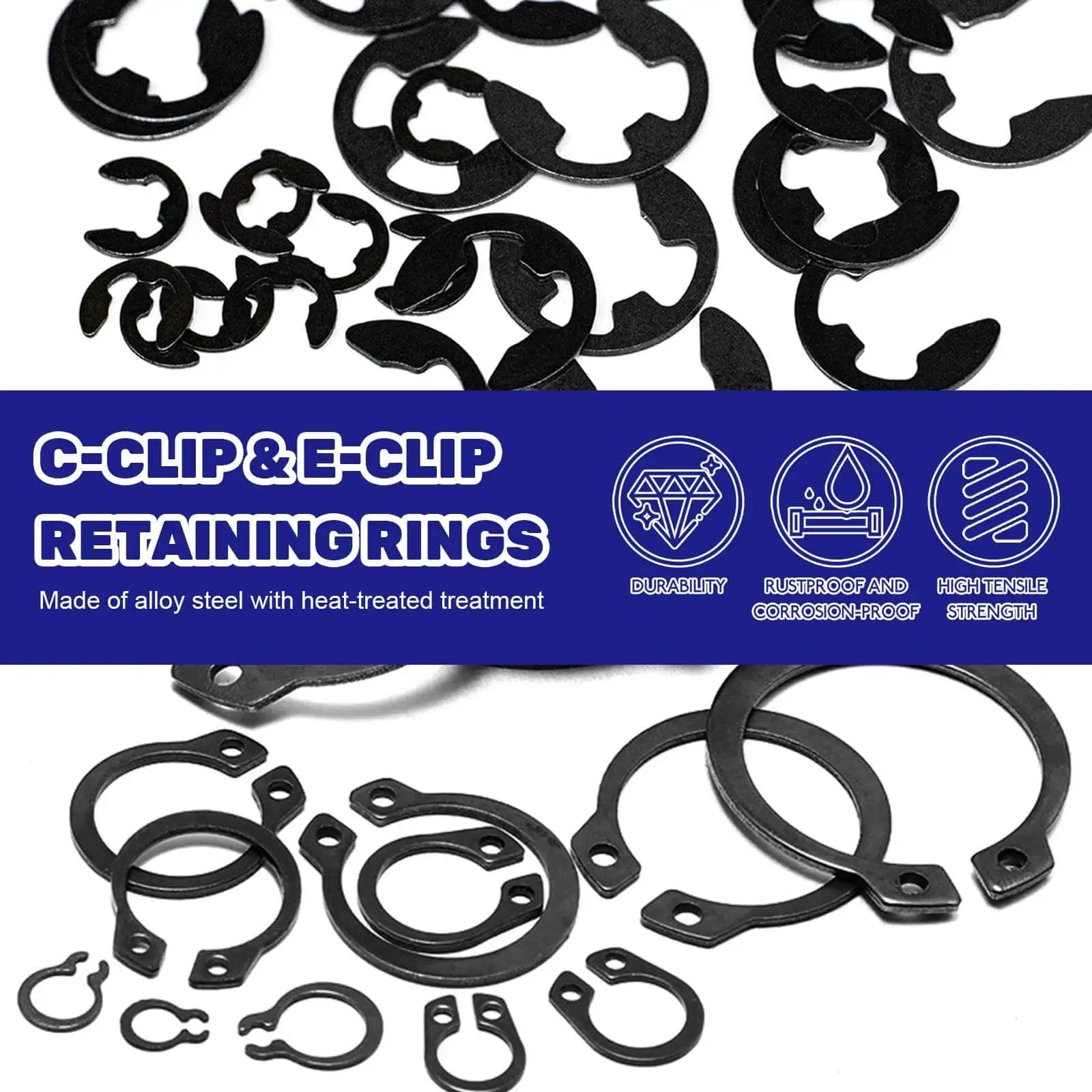 870 Pieces Alloy Steel External C Clip And E Clip Retaining Ring Kit Heavy Duty showing various black steel clips with text overlay.