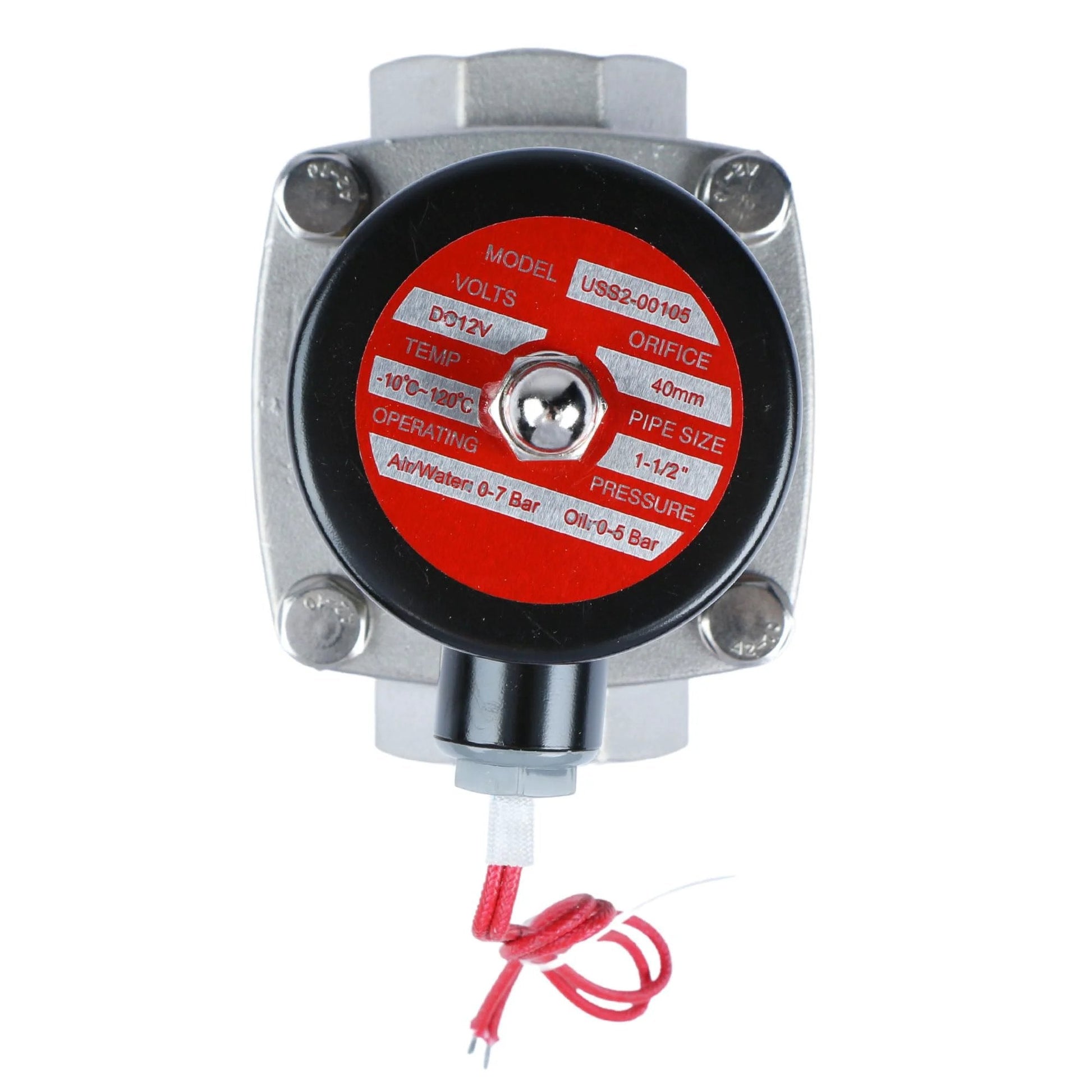 Top view of Stainless Steel One And One Half Inch 12V DC Solenoid Valve With Viton Seal Normally Closed Fast Actuation Under 1 Second For Gasoline Diesel Oils And Lubricants Durable Electric Valve For Industrial Equipment And Fluid Control.