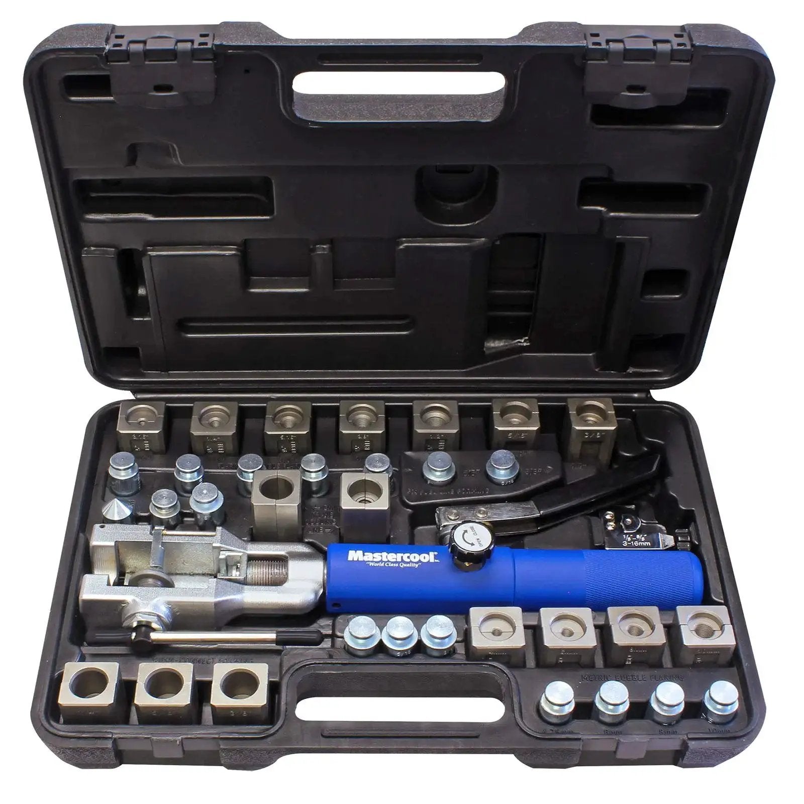 Universal Hydraulic Flaring Tool For 45 Degree Flares With Push Connect GM Lines in open storage case with dies and adapters