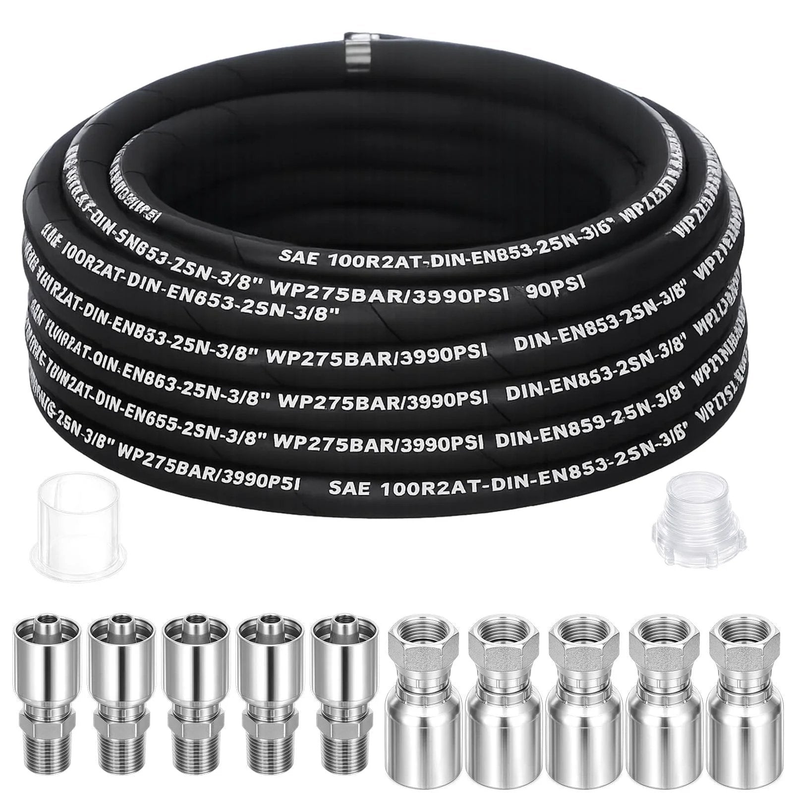 Heavy Duty Hydraulic Hose Three Eighth Inch By Fifty Foot Length With Ten JIC Thirty Seven Degree Female And NPF Male Fittings, 4800 Psi Rated Steel Wire Braided, Oil Weather Ozone Wear Resistant For Industrial Construction And Agriculture coiled with fittings