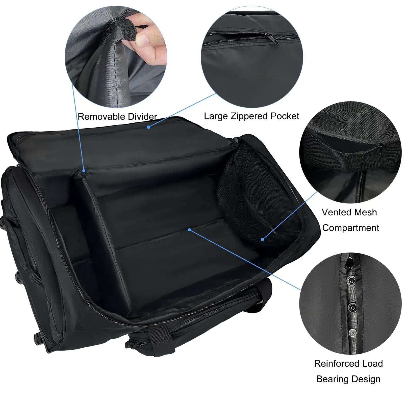 Open view of Rugged 120L Rolling Duffle Bag With Wheels For Travel And Camping showing compartments and reinforced bearing design.
