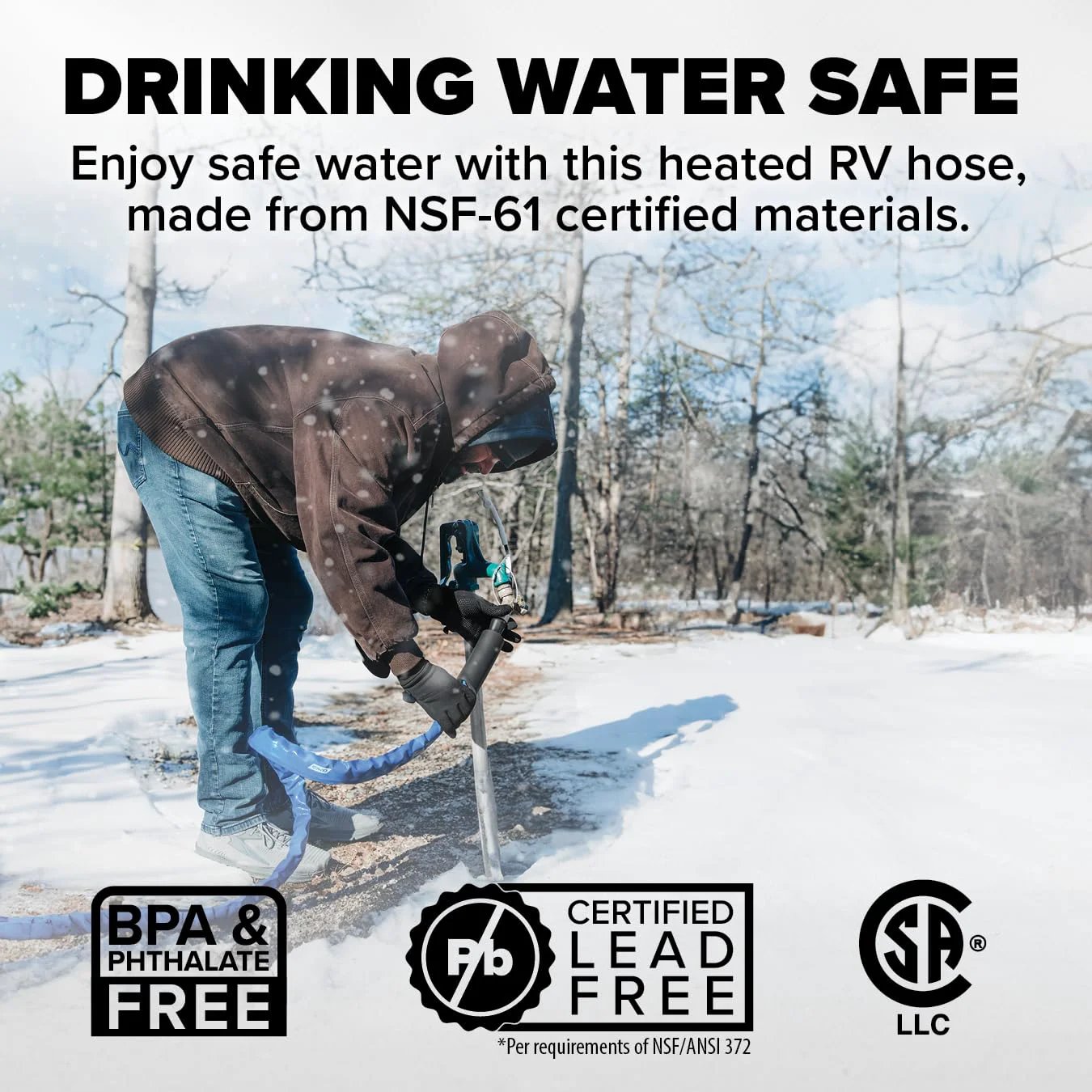 Person using Heated RV Water Hose With Freeze Protection To Minus 20 Degrees Fahrenheit For All Weather Use Premium NSF 61 Drinking Water Hose Lead Free BPA Free Phthalate Free With Energy Saving Thermostat And Adapter For Connection To Either End Of Hose in snowy outdoors