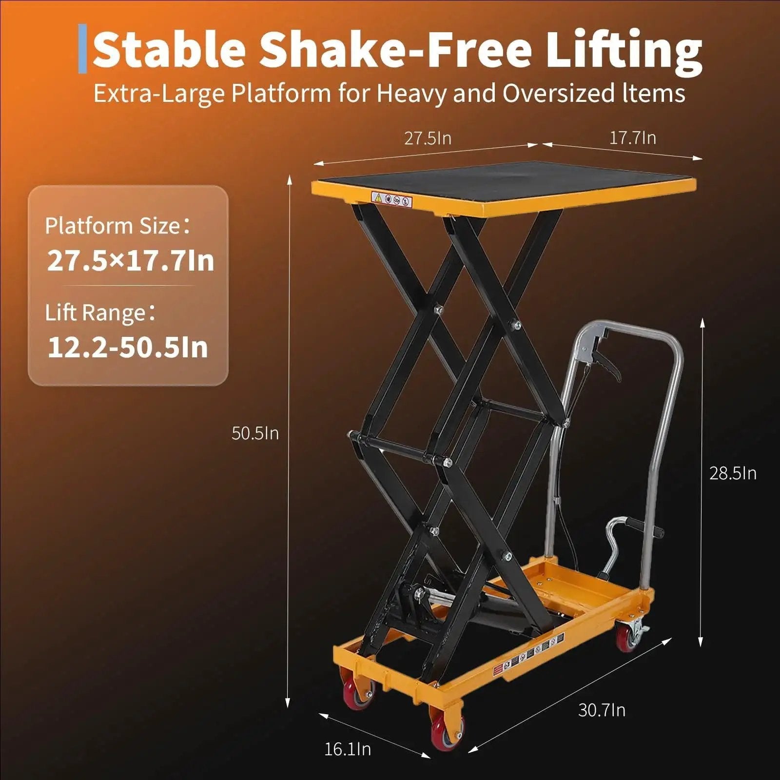 Durable Hydraulic Lift Table Cart 770 Lb Capacity 50.7 Inch Lift With Wheels showing stable platform and lift mechanism.