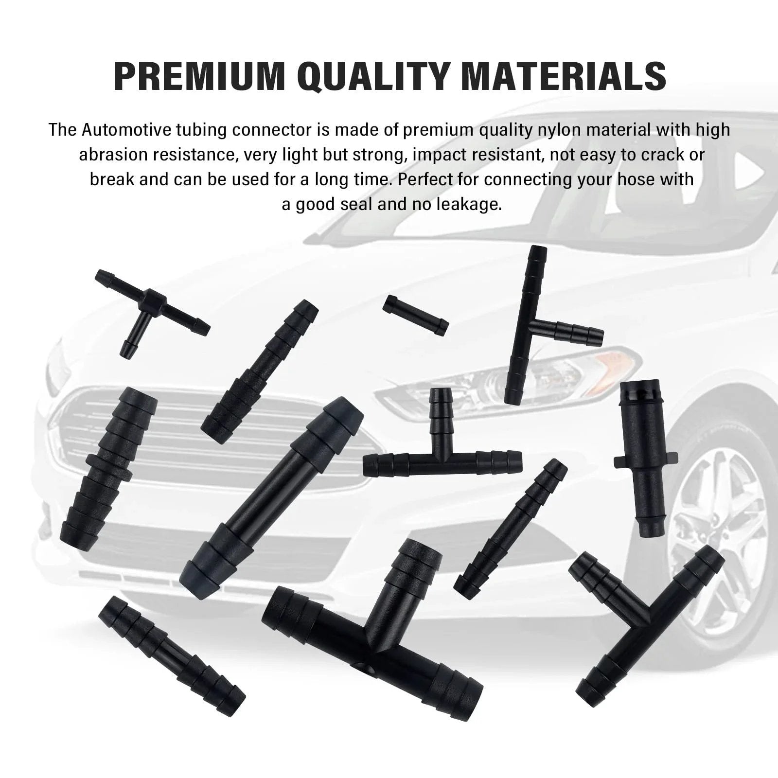 64 Piece Vacuum Line Connectors Kit Heat Resistant to 240C 460F Silicone Vacuum Hose Fittings Assortment displayed with car.