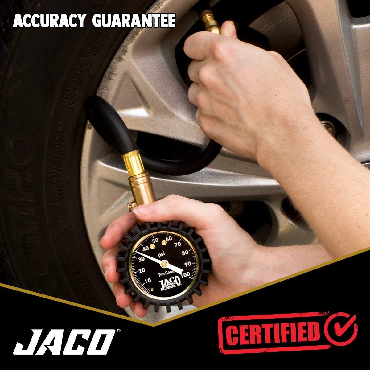 Hands using ElitePro Tire Pressure Gauge 100 PSI Mechanic Recommended Battery Free Precision With ANSI Certified Accuracy on car tire.