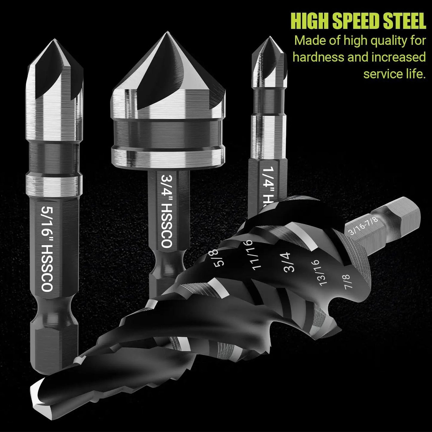 All In One Step Drill Bit Set With Countersinks For Metal Aluminum Wood Plastic, Four Spiral Flute, various sizes and markings.
