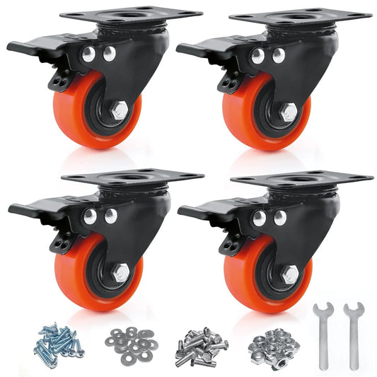 2 Inch Caster Wheels Set Of 4 With Brakes Heavy Duty Polyurethane Swivel Casters 360 Degree Plate Caster Wheels For Carts Small Furniture And Heavy Objects Silent Operation And Floor Protection Steel Housing