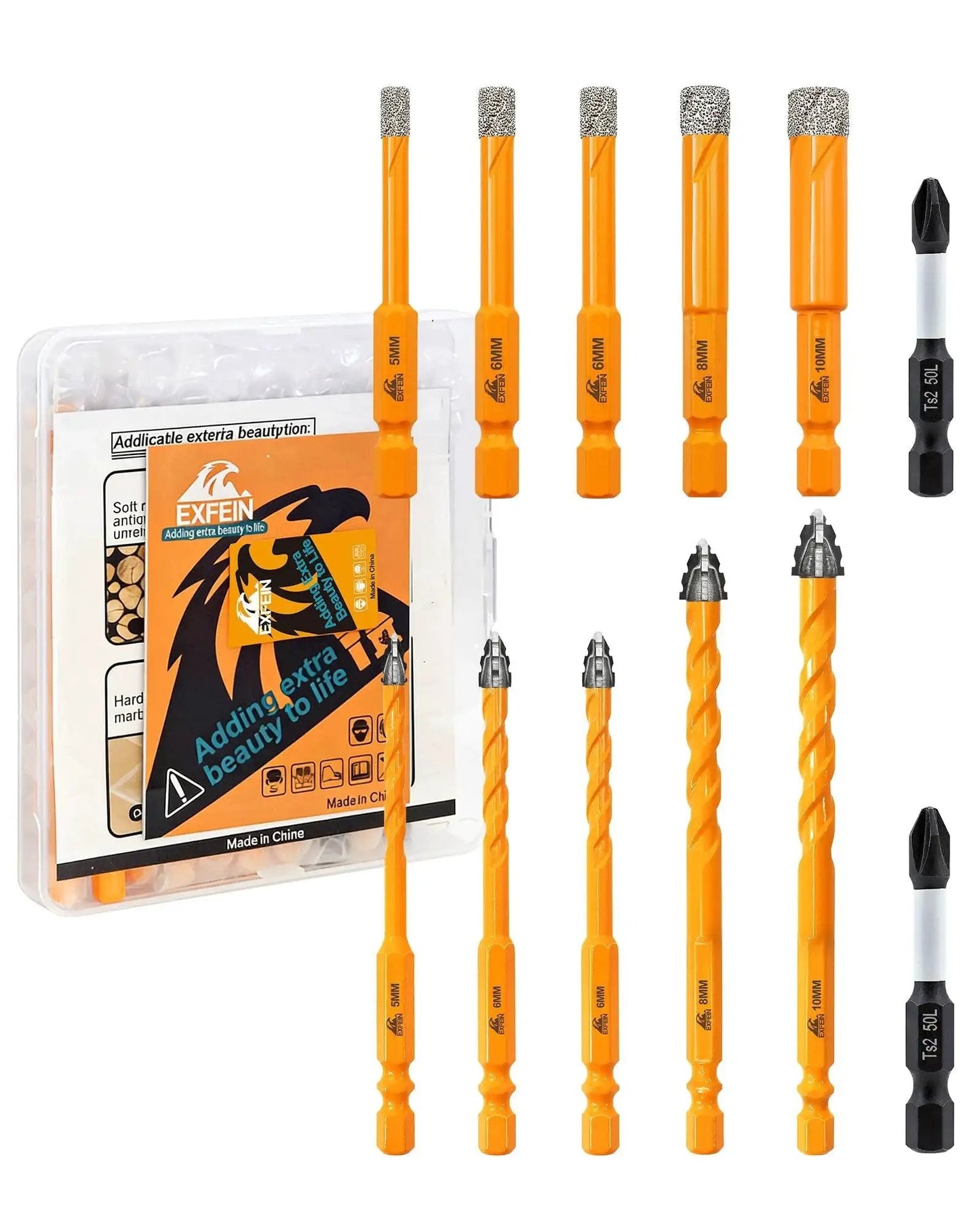 12 Piece Diamond Drill Bits Set For Tile Masonry And Wood With 1/4 Inch Quick Change Hex Shank Includes 3/16 5mm 1/4 6mm 5/16 8mm