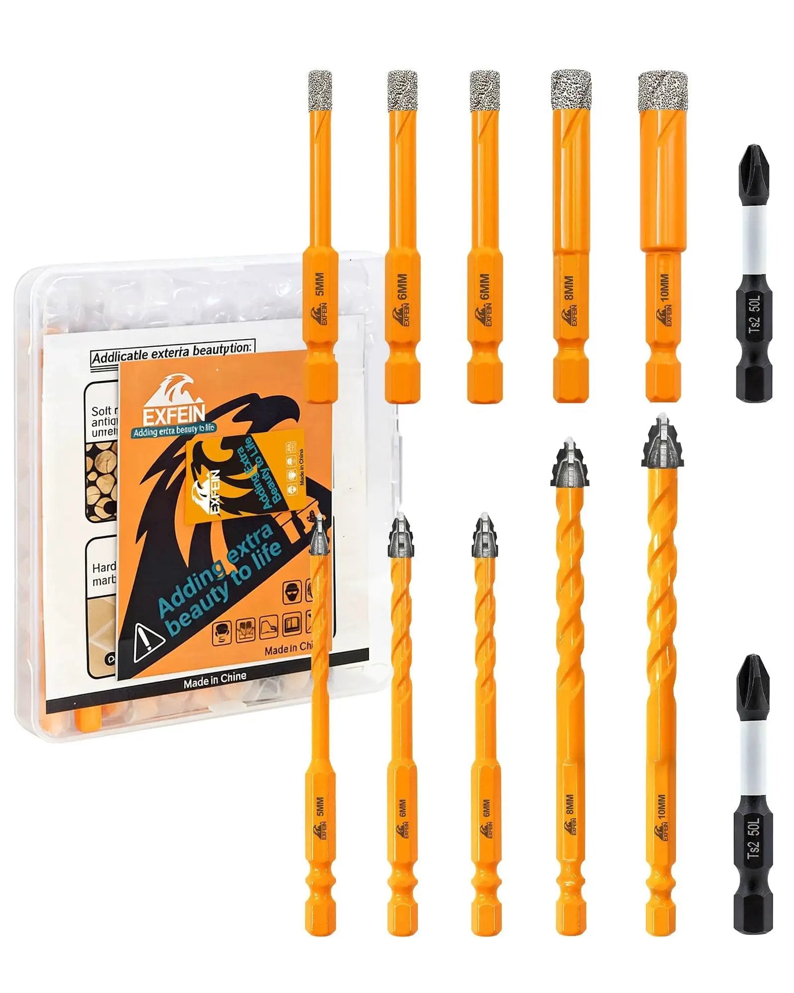 12 Piece Diamond Drill Bits Set For Tile Masonry And Wood With 1/4 Inch Quick Change Hex Shank Includes 3/16 5mm 1/4 6mm 5/16 8mm