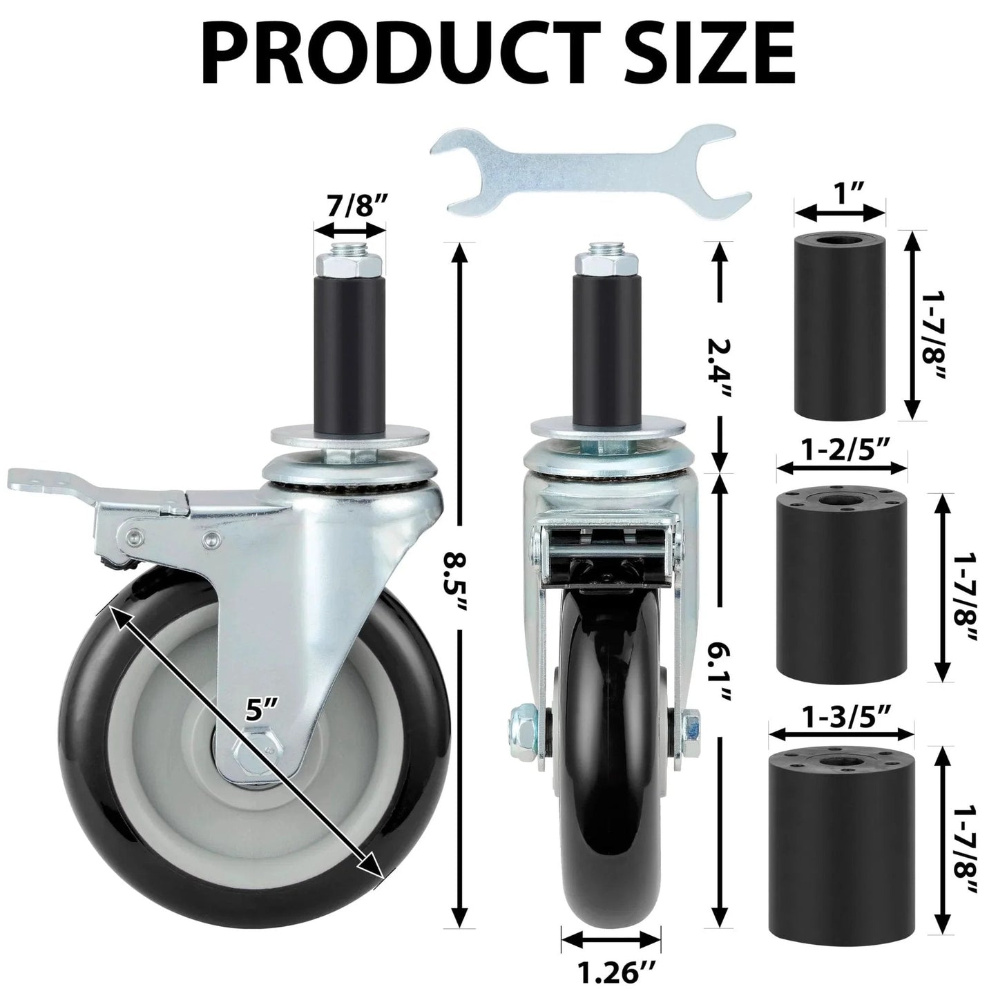 Five Inch Prep Table Casters Set Of 4 Heavy Duty Expanding Stem Wheel Casters With Brakes Fit 7/8 Inch to 1-5/8 Inch Tube Legs