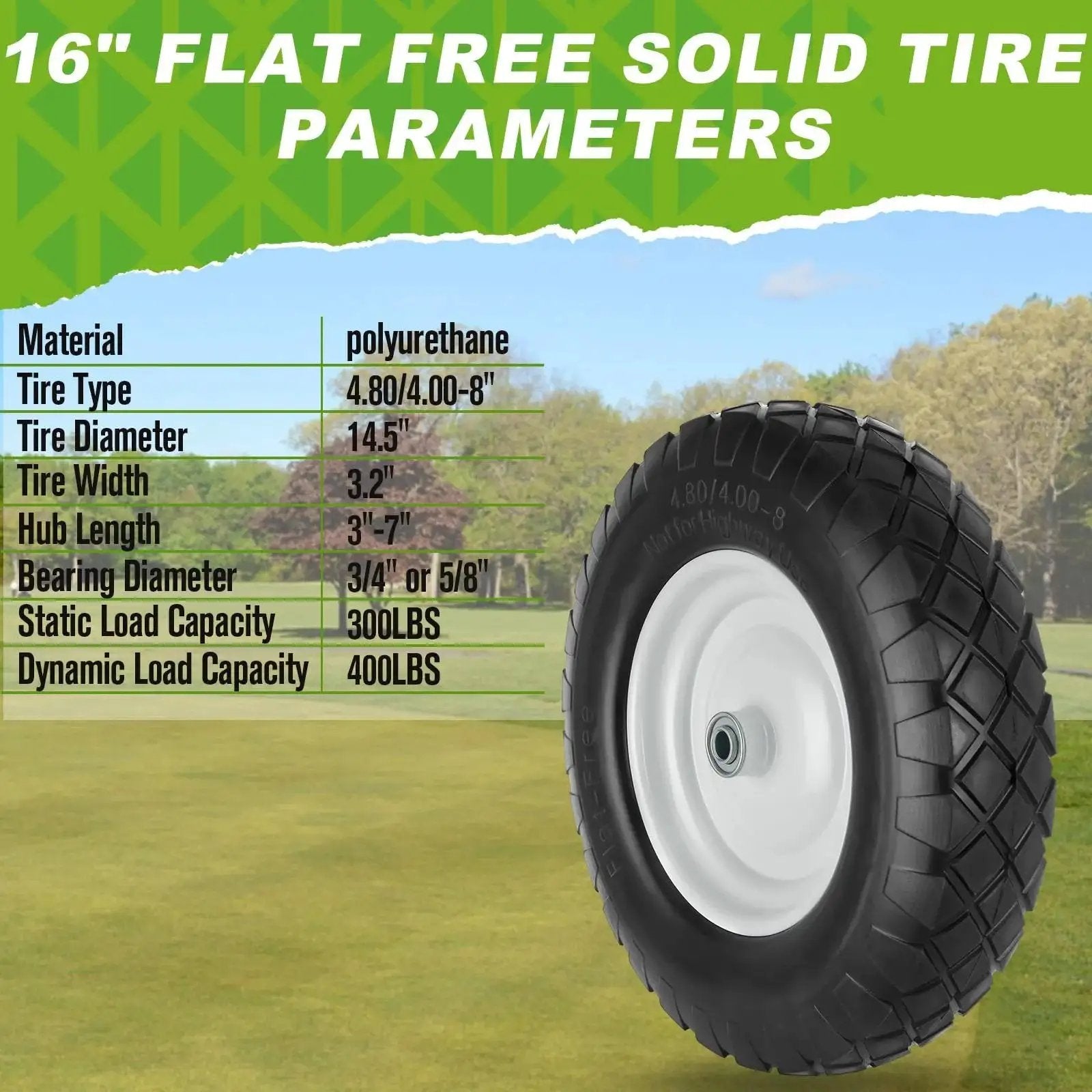 4.80 4.00 8 Flat Free Wheel And Tire For Wheelbarrows 16 Inch Solid Wheel Heavy Duty with size and material details