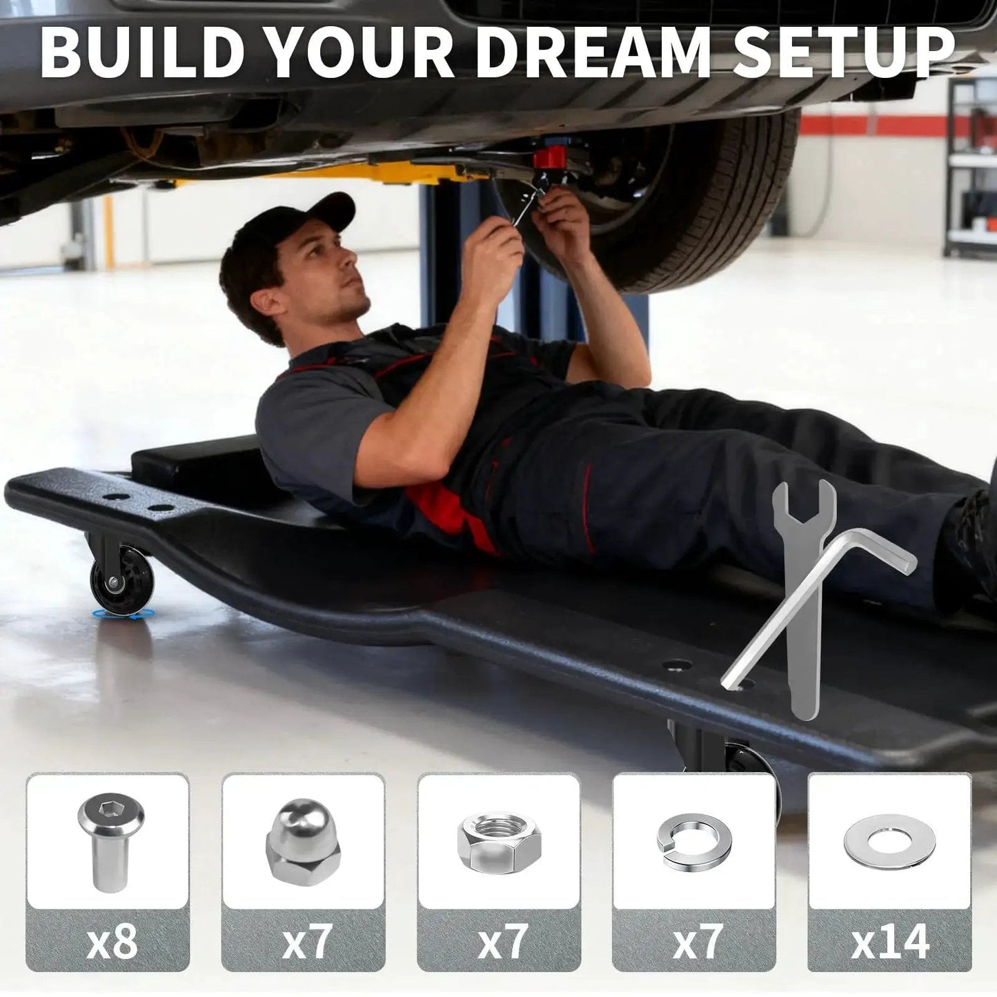 Mechanic using a creeper with Set Of 6 Heavy-Duty 2.5 Inch Caster Wheels With Rubber Tires, 360 Degree Swivel, quiet rolling.