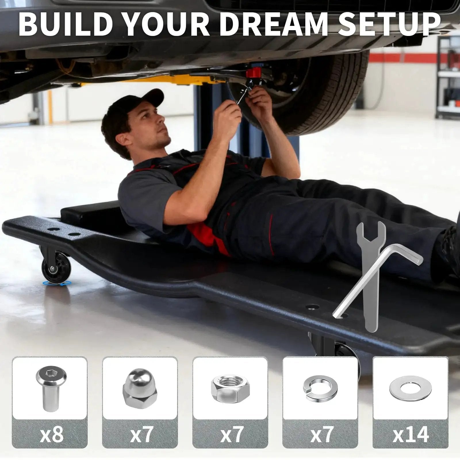 Mechanic using a creeper with Set Of 6 Heavy-Duty 2.5 Inch Caster Wheels With Rubber Tires, 360 Degree Swivel, quiet rolling.