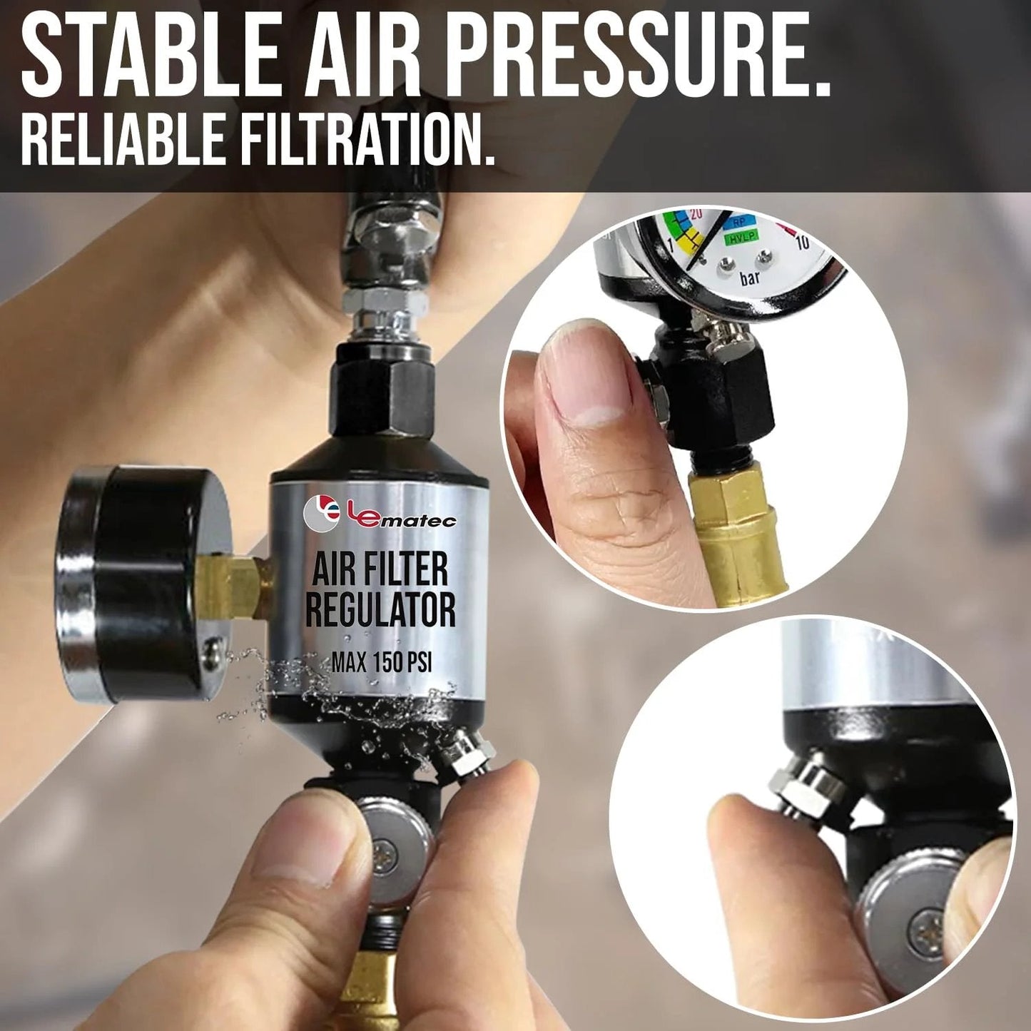Pro Grade Spray Gun Regulator With Gauge And Water Separator For Paint Guns And Pneumatic Tools 1/4 Inch NPT Inline