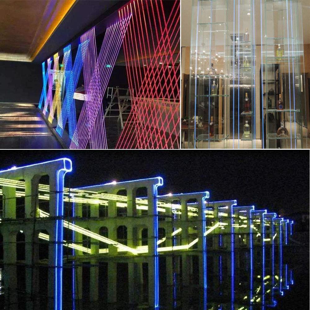 Installation examples of AKEPO Ф0.06in(1.5mm)*16.4ft(5m) PMMA Plastic Side Glow Cable for Optical Fiber Light in various settings.