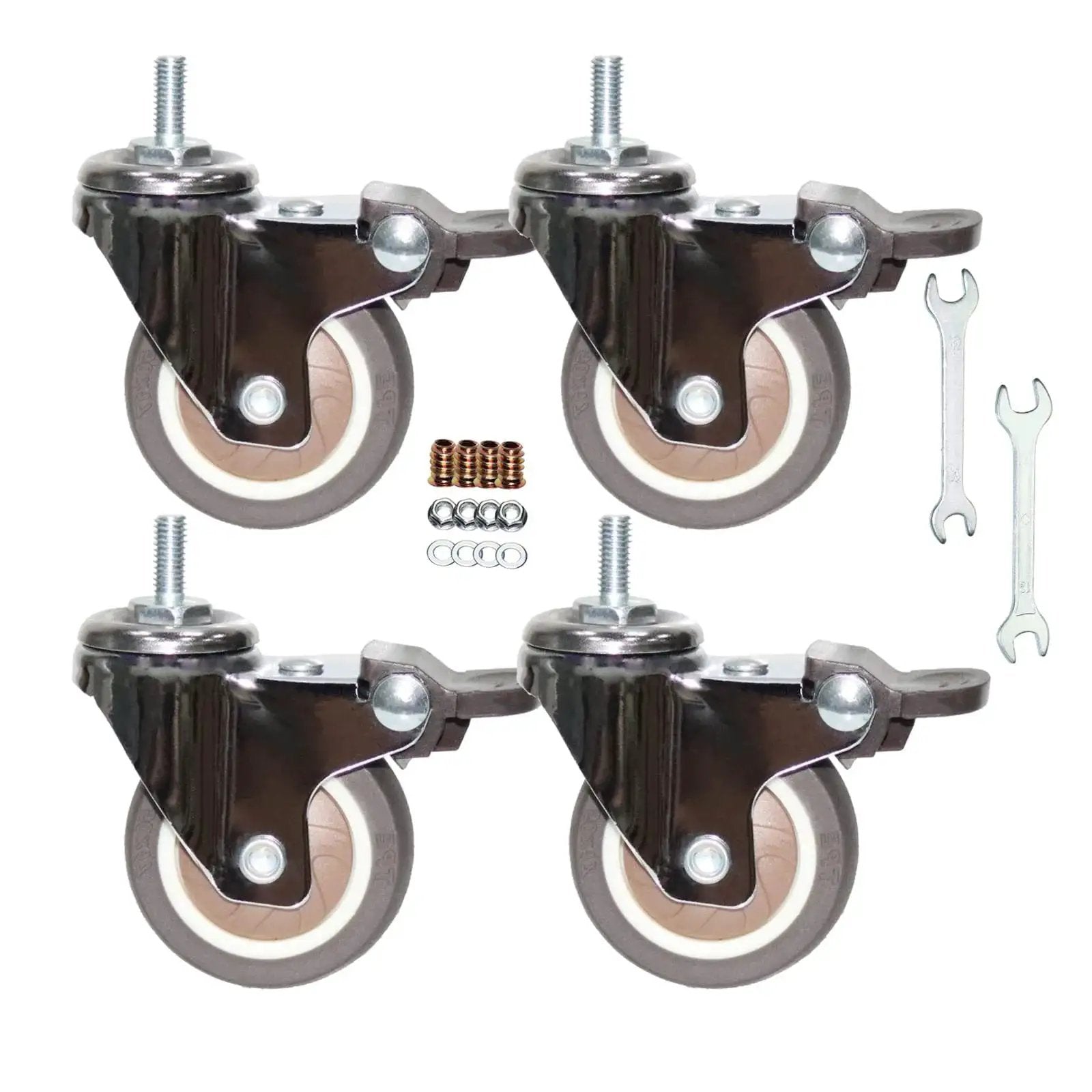 Stem Casters With 360 Degree Swivel TPR Wheels For Carts Furniture Dolly And Workbenches, showing four wheels and wrenches