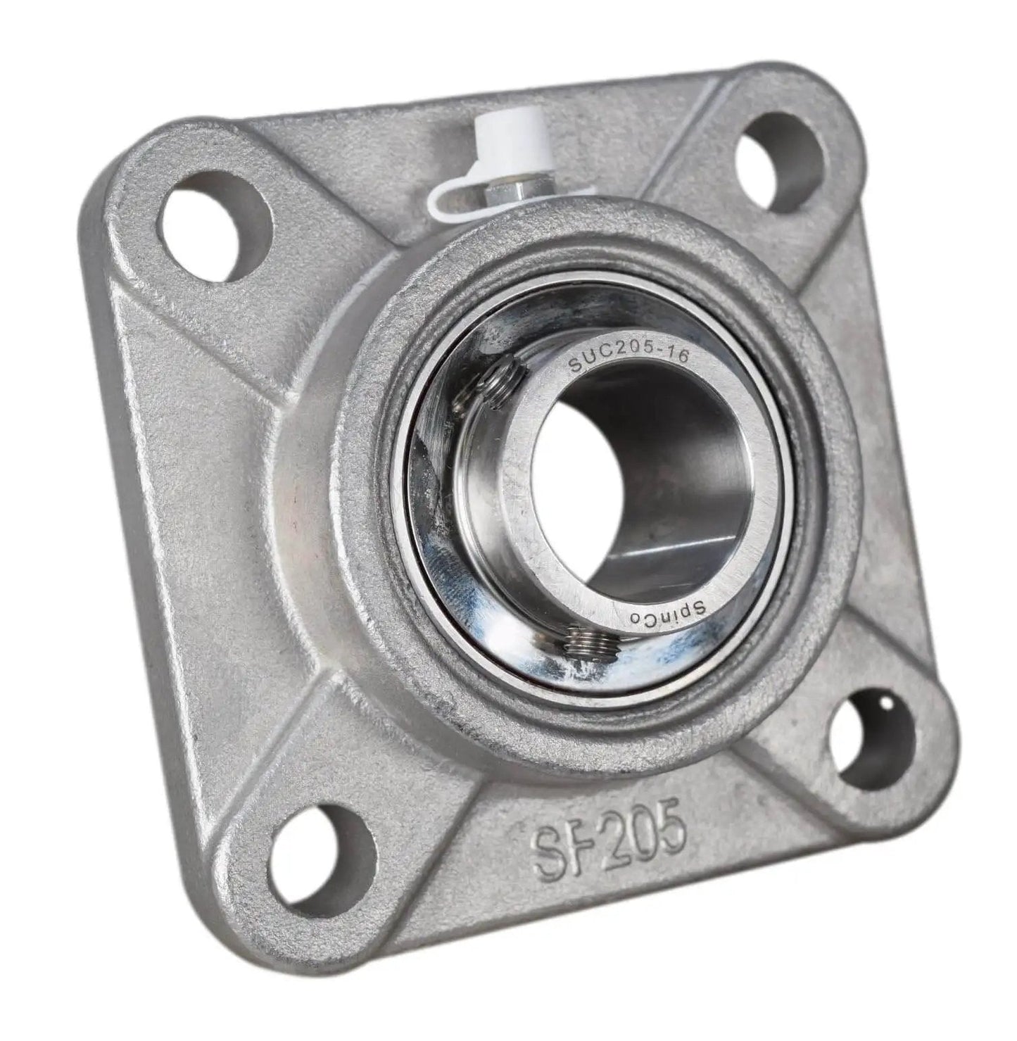 1 Inch Stainless Steel Four Bolt Flange Bearing With Grease Zerk, Wide Inner Ring, Two Set Screws, 70mm Bolt Hole Span For Shaft Mount