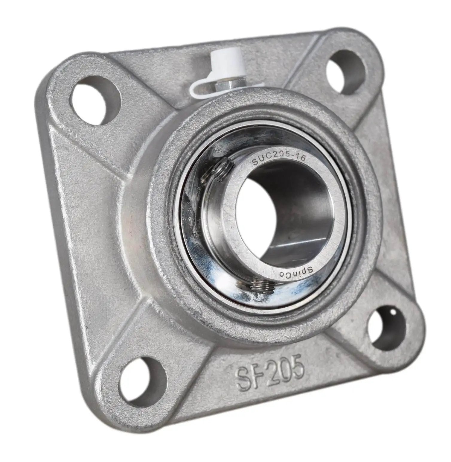 1 Inch Stainless Steel Four Bolt Flange Bearing With Grease Zerk, Wide Inner Ring, Two Set Screws, 70mm Bolt Hole Span For Shaft Mount