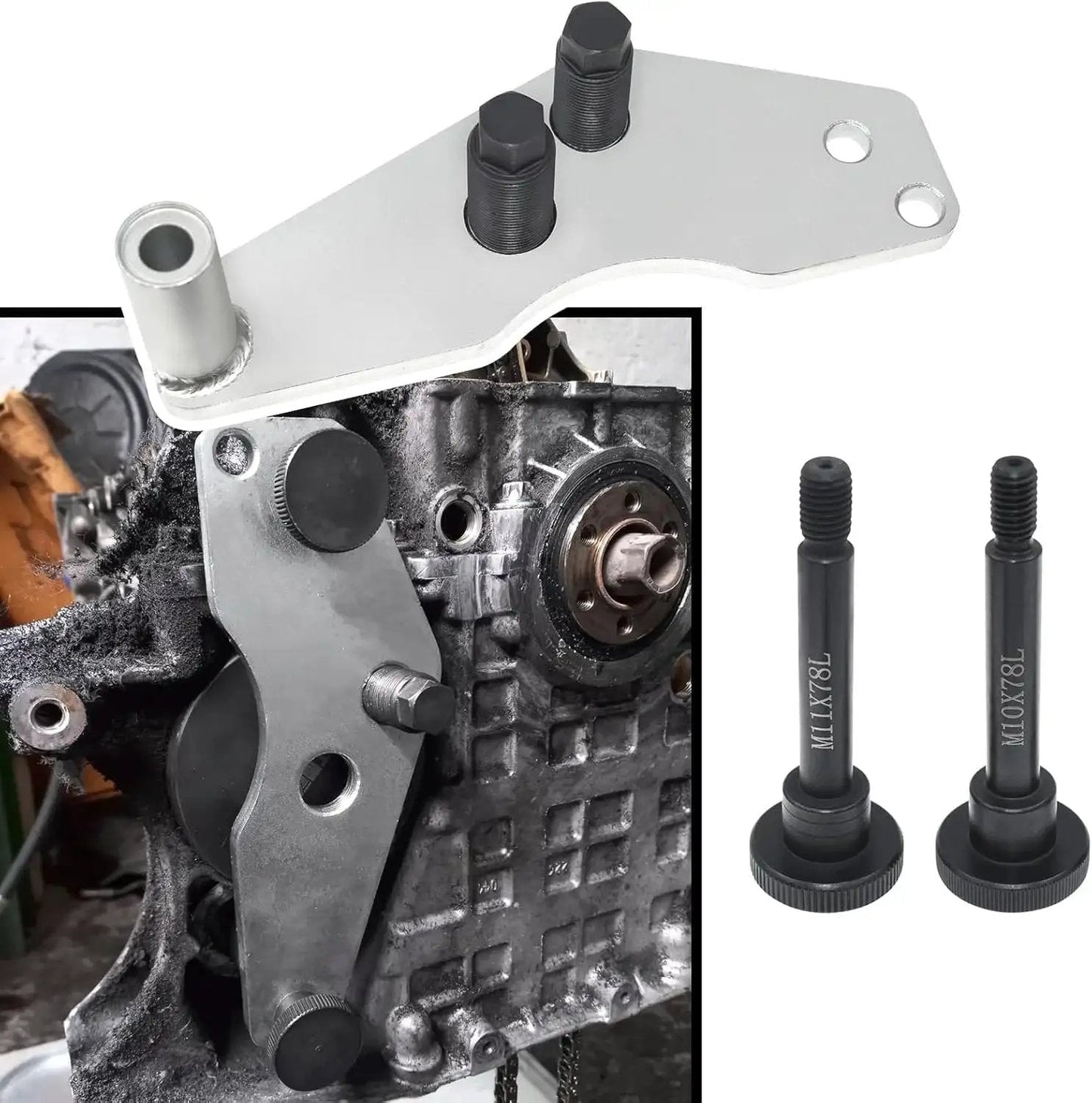 Vacuum Pump Sealing Cover Remover Installer for BMW N53 N54 N55 Engines with bolts, shown on engine and separate