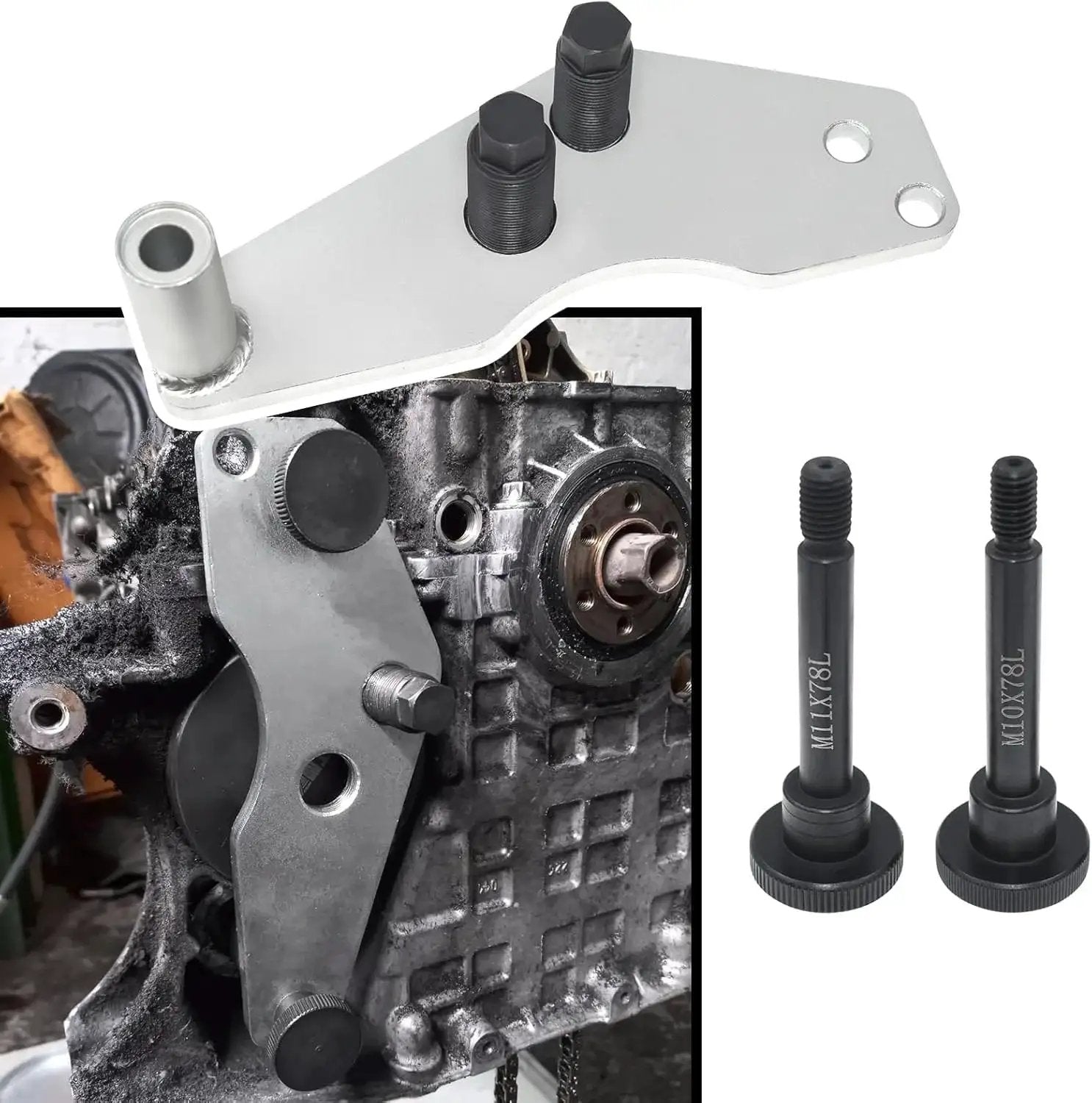 Vacuum Pump Sealing Cover Remover Installer for BMW N53 N54 N55 Engines with bolts, shown on engine and separate