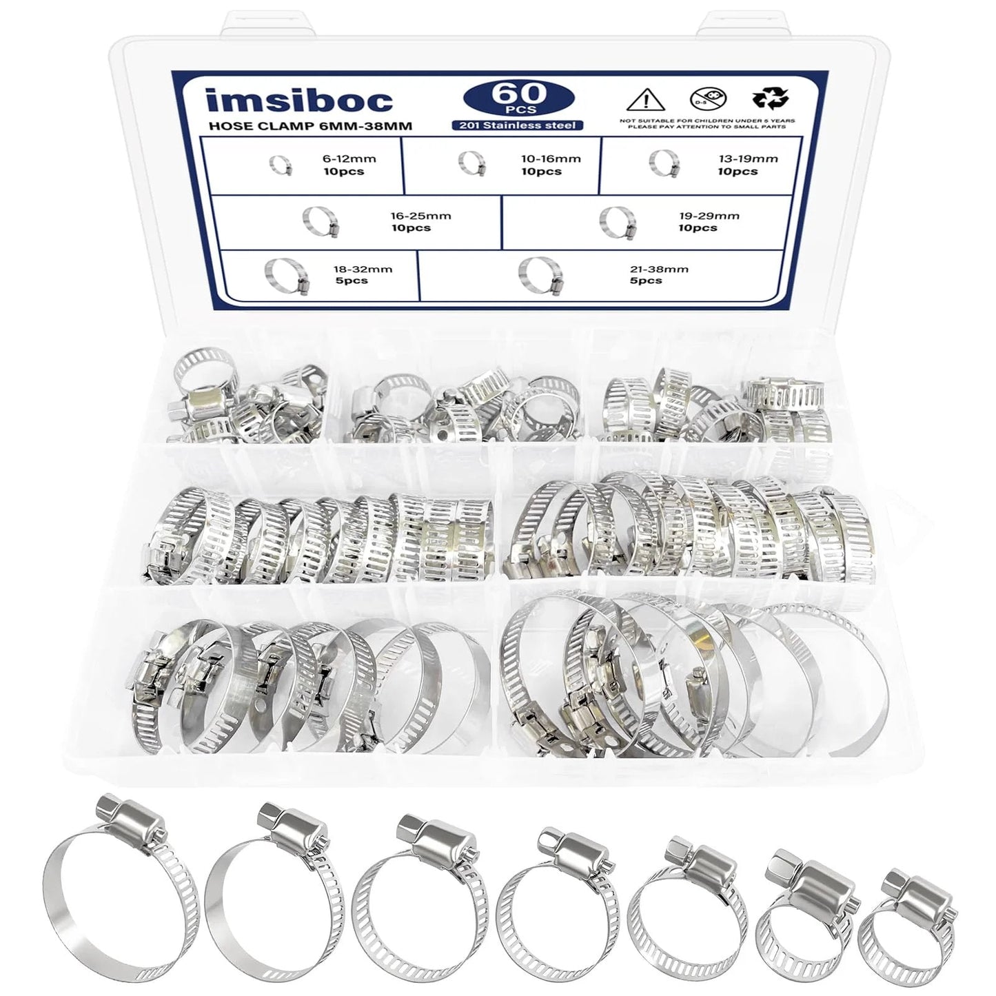 Boss Grade Heavy Duty 201 Stainless Steel Hose Clamp Kit With 60 Pieces In Seven Adjustable Sizes From Quarter Inch To One And A Half Inch Six To Thirty Eight Millimeter Worm Gear Clamps For Plumbing Automotive And Mechanical Use, displayed in organizer.