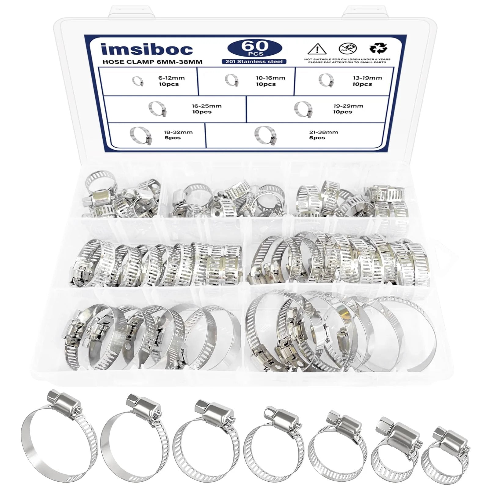 Boss Grade Heavy Duty 201 Stainless Steel Hose Clamp Kit With 60 Pieces In Seven Adjustable Sizes From Quarter Inch To One And A Half Inch Six To Thirty Eight Millimeter Worm Gear Clamps For Plumbing Automotive And Mechanical Use, displayed in organizer.