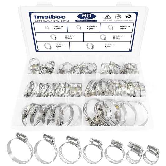 Boss Grade Heavy Duty 201 Stainless Steel Hose Clamp Kit With 60 Pieces In Seven Adjustable Sizes From Quarter Inch To One And A Half Inch Six To Thirty Eight Millimeter Worm Gear Clamps For Plumbing Automotive And Mechanical Use, displayed in organizer.