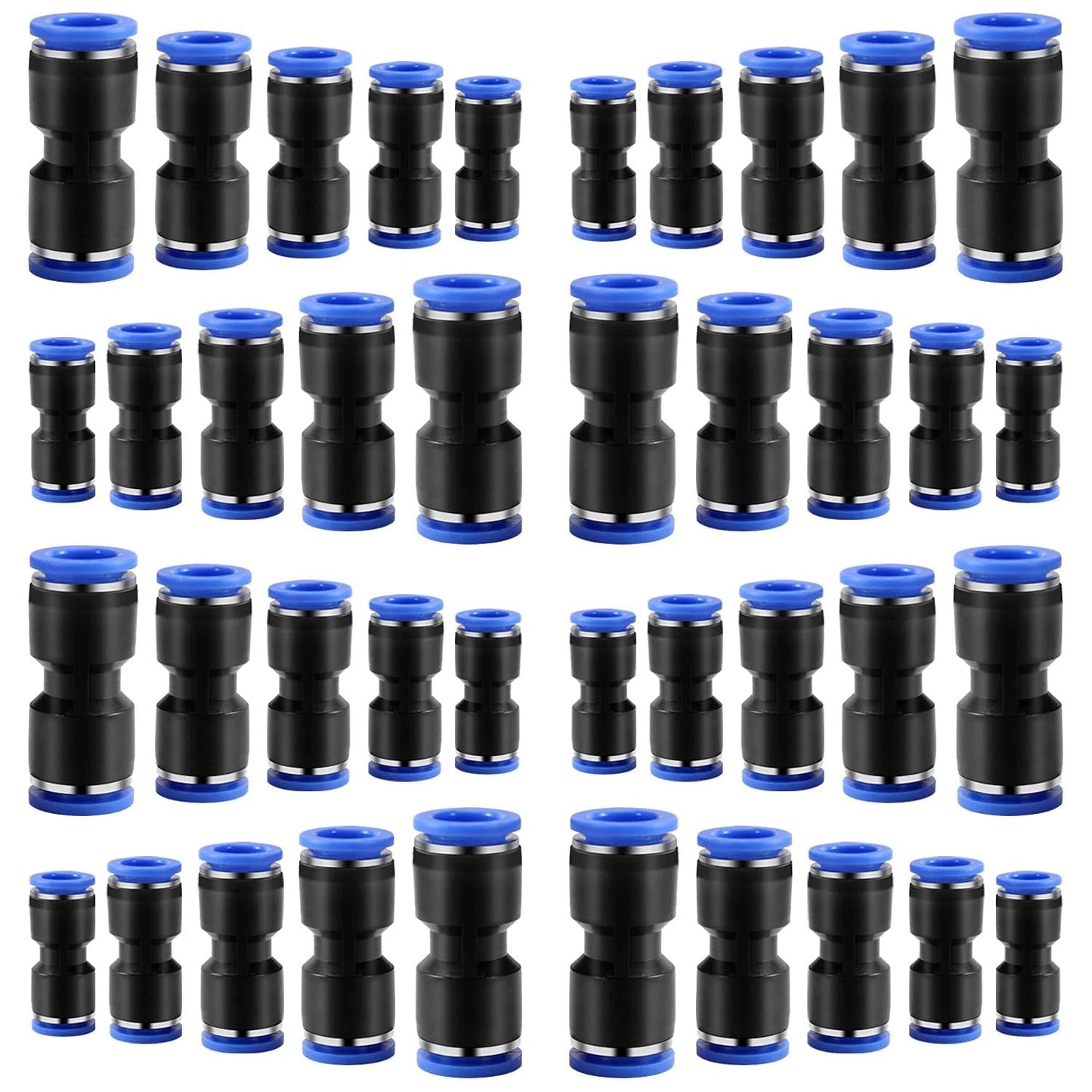 40 Piece Quick Connect Straight Push To Connect Fittings Kit For Air Lines From One Quarter Inch To One Half Inch OD Tubing Includes Five Thirty Second Inch Five Sixteenth Inch Three Eighths Inch And Half Inch Sizes For Four To Twelve Millimeter Tubes