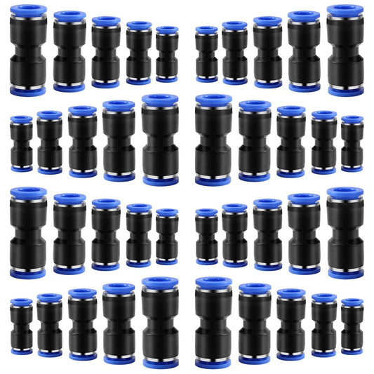 40 Piece Quick Connect Straight Push To Connect Fittings Kit For Air Lines From One Quarter Inch To One Half Inch OD Tubing Includes Five Thirty Second Inch Five Sixteenth Inch Three Eighths Inch And Half Inch Sizes For Four To Twelve Millimeter Tubes