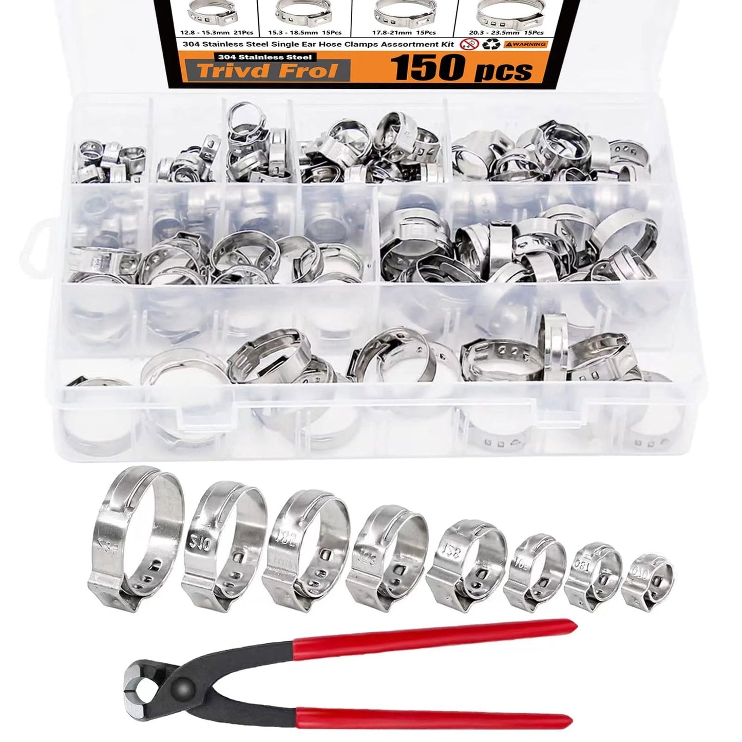 Heavy Duty 150 Pcs 304 Stainless Steel Single Ear Hose Clamp Kit With Ear Clamp Pincer, Crimp Hose Clamps Set in organizer box