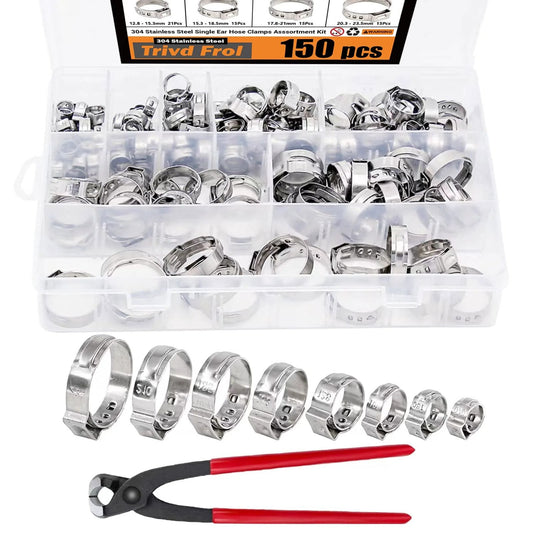 Heavy Duty 150 Pcs 304 Stainless Steel Single Ear Hose Clamp Kit With Ear Clamp Pincer, Crimp Hose Clamps Set in organizer box
