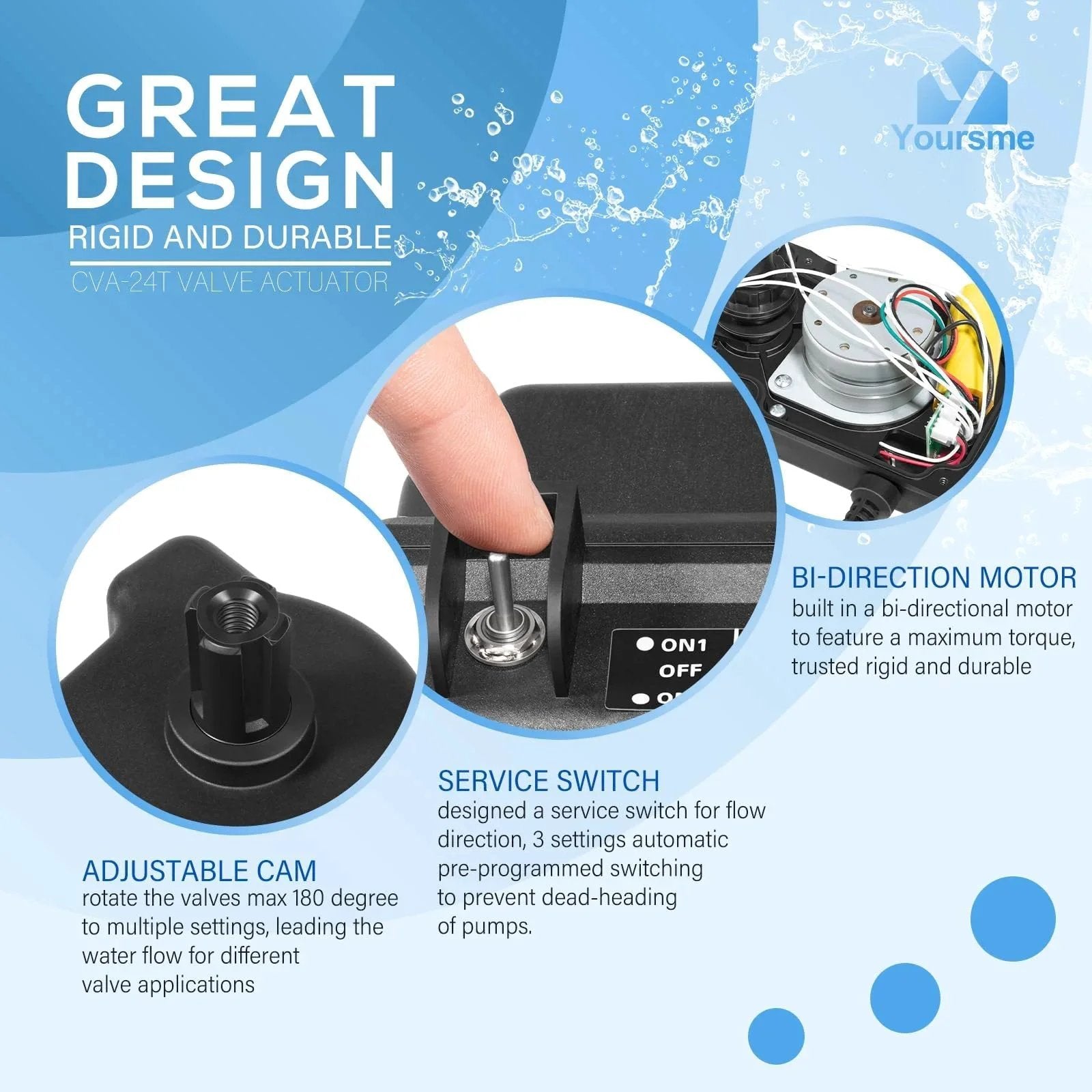 CVA24T Valve Actuator For 24VAC Pool Valves 2 Port Or 3 Port Replacement For Pentair 263045, showing design features.