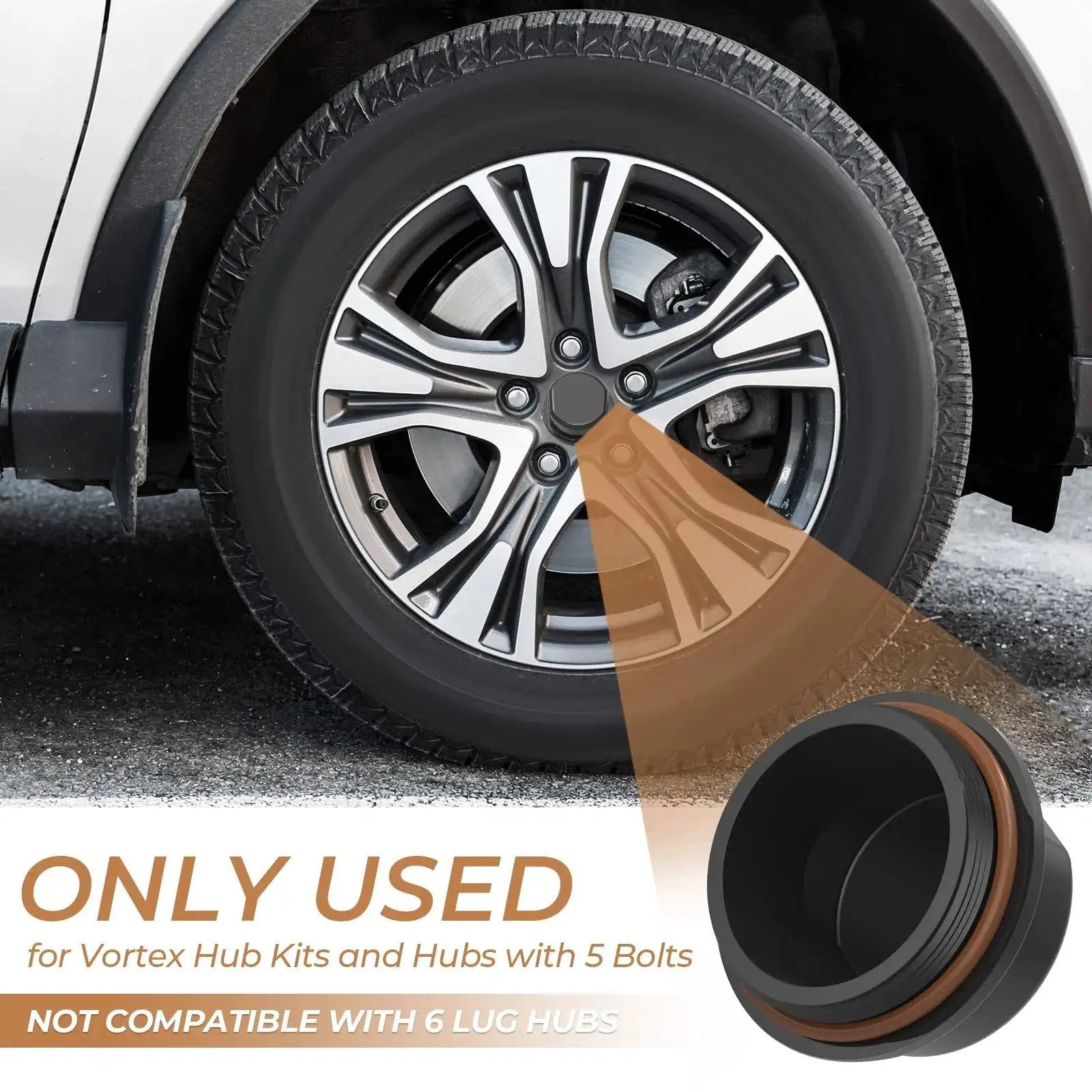 Car wheel with Two Pack Replacement Hub Caps For Dexter Vortex 81143 48355v K71 G01 73 21 261 with O Ring viewed from side