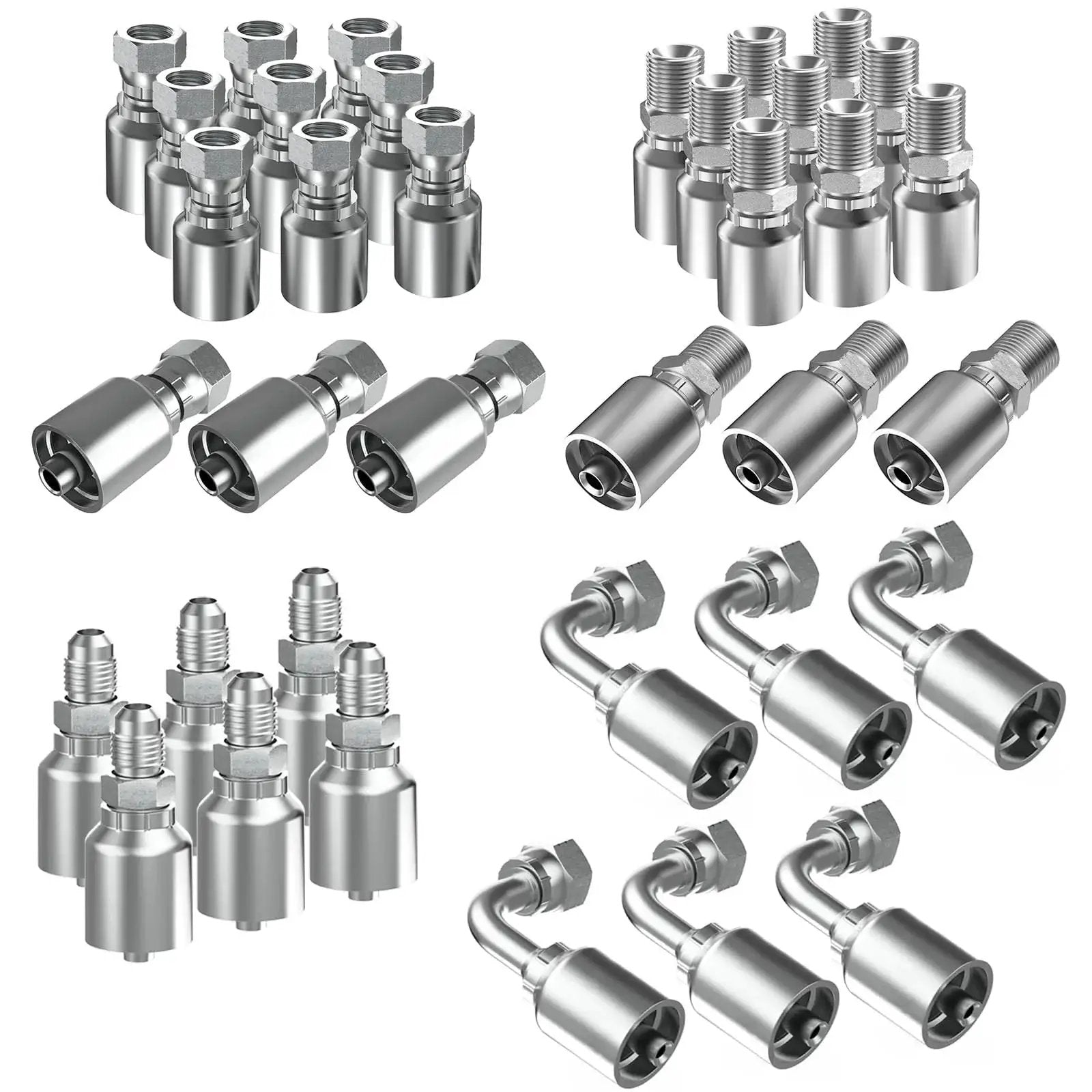 36 Pcs Hydraulic Hose Fittings Set 3/8 Inch NPTF Male and JIC 37 Degree Female and Male and Female 90 Degree Elbows Crimp Fittings