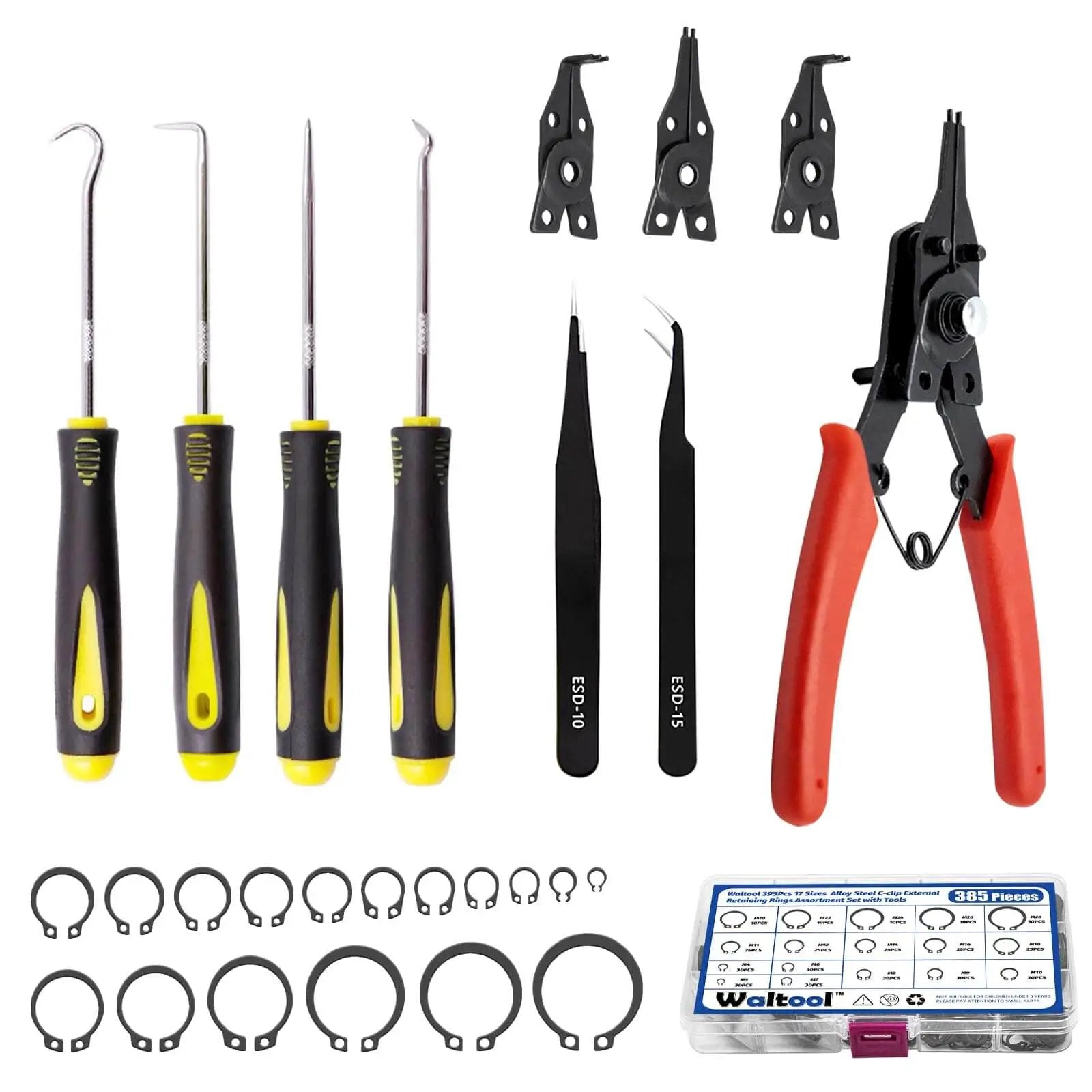 Must Have Ultimate C Clip External Retaining Ring Set With 4 In 1 Snap Ring Pliers And Precision Hooks For Grooved Shafts Pins And Studs, 395 Pieces In 17 Sizes Alloy Steel Case Included Waltool