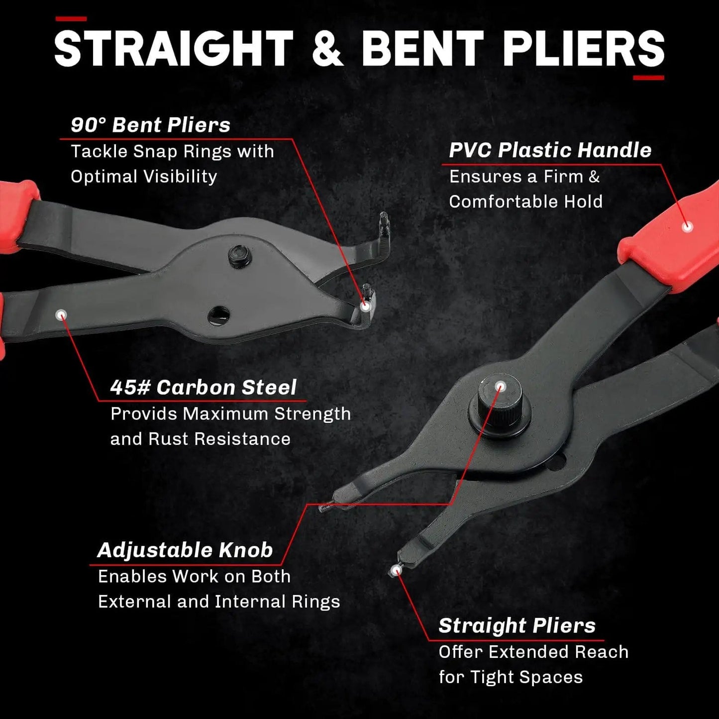 11 Piece Snap Ring Pliers Set Tough As Nails Heavy Duty Straight And Bent Retaining Ring Pliers With Hook And Pick Internal And External Circlip Removal Tools For Cars Trucks Motorcycles Lawn Mower And Farm Equipment Built With Heat Treated 45 Steel showing straight and bent pliers with ergonomic grips.