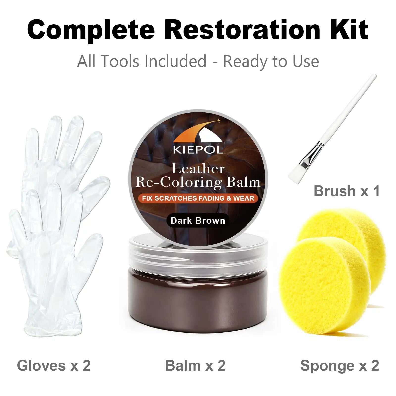 Dark Brown Leather Repair Kit With Recoloring Balm And Dye For Scratches, Fading, And Worn Leather Or Vinyl On Couches, Car Seats, Boots, And Furniture, featuring gloves, balm, brush, and sponges.
