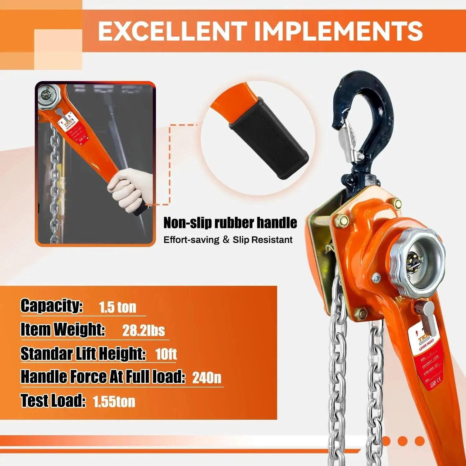 Manual Chain Hoist 1.5 Ton 10 Ft Heavy Duty Lift 3300 Lbs With Durable Hook featuring non-slip rubber handle