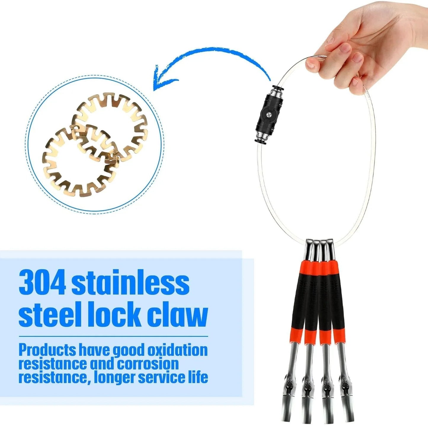 Hand holding 304 stainless steel lock claw with durable design and corrosion resistance, featuring four black and red handles.
