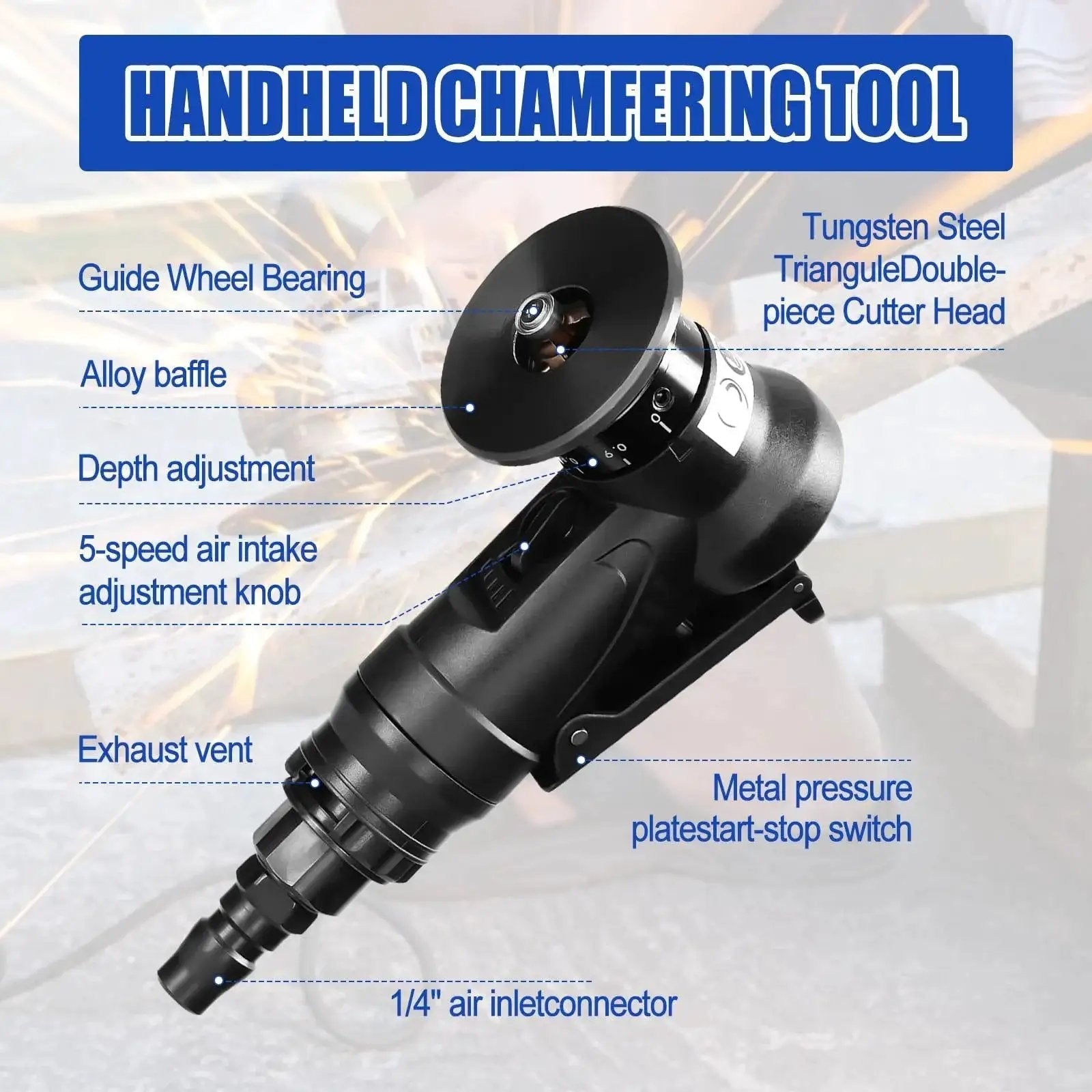 Portable Pneumatic Chamfering Tool Handheld Mini Air Powered Beveling Machine For Metal And Wood 45 Degree Arc Corner Trimming And Deburring One Quarter Inch Air Inlet C And R Angle Blades showing tungsten steel cutter head and features.